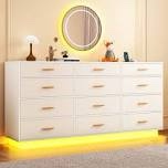 12 Drawer Dresser With LED Lights and Charging Station For Bedroom, Living Room, Entryway, and Hallway