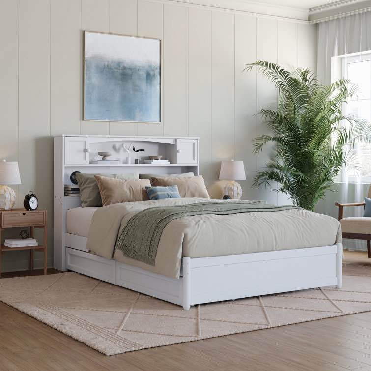 incomplete Akanthou Solid Wood Storage Bookcase Platform Bed with Footboard & Under Bed Drawers