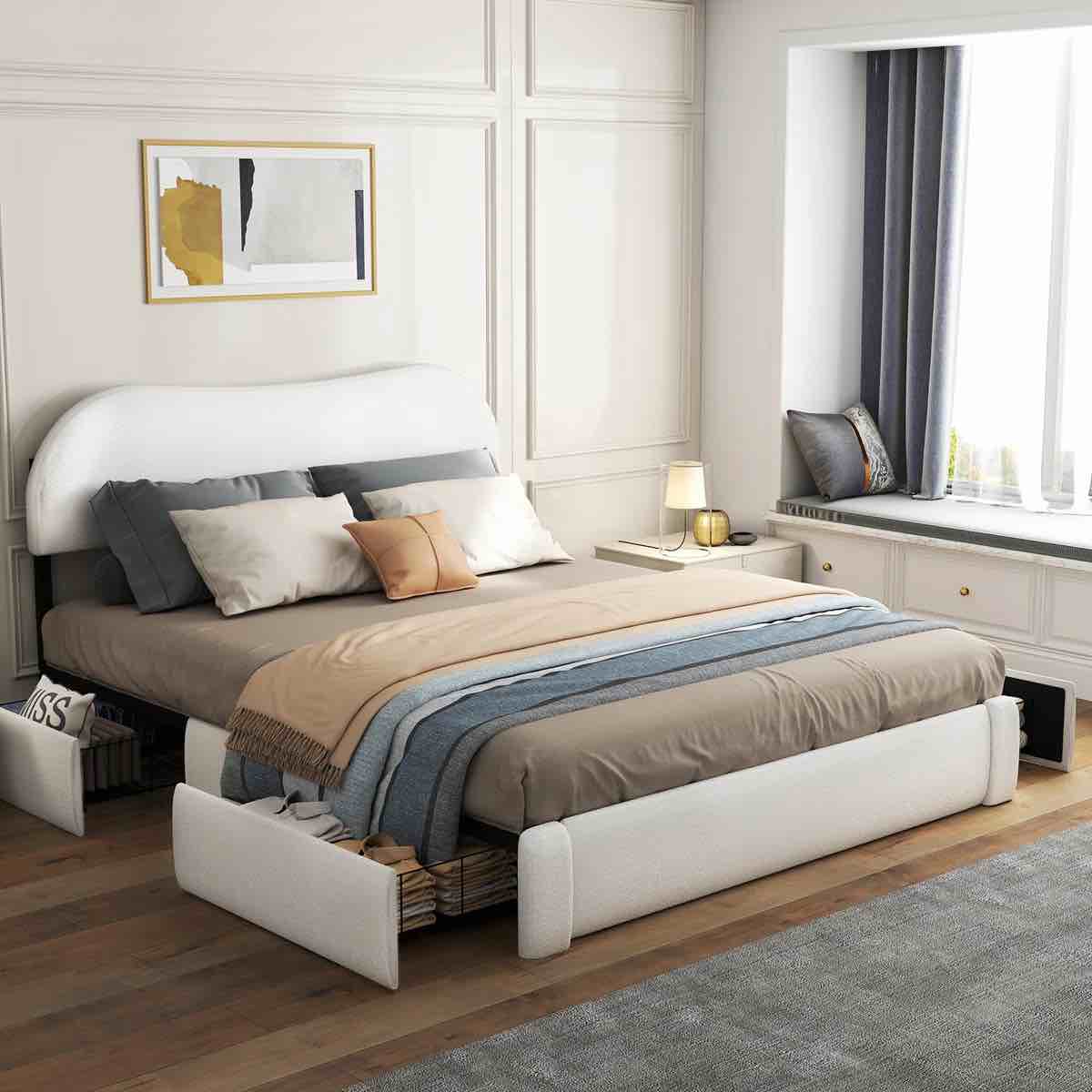 incomplete Boucle Upholstered Bed Frame with Headboard, Modern Bed Frame with 4 Underbed Drawers, No Spring Needed, Rounded Corners