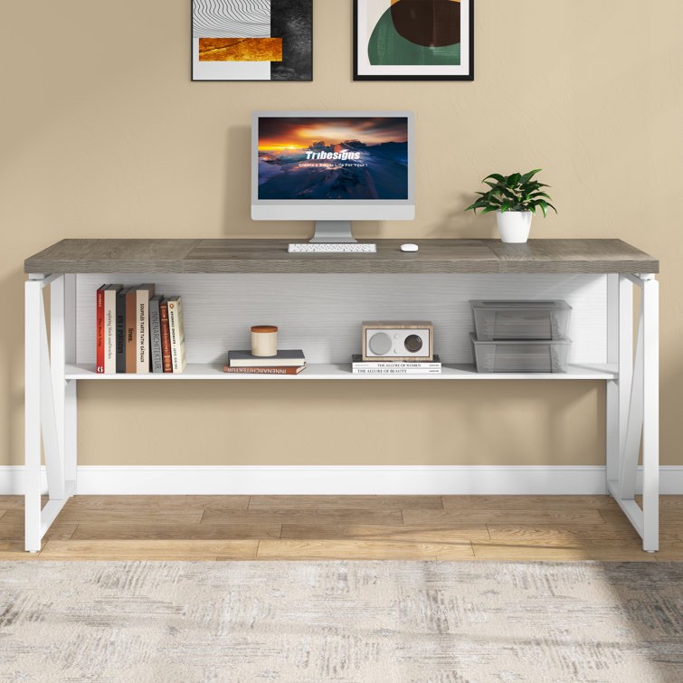 63-Inch Moden Compute Desk With Storage Shelf ,Home Office Desk Writing Table For Workstation Frame Color: White, Top Color: Beige