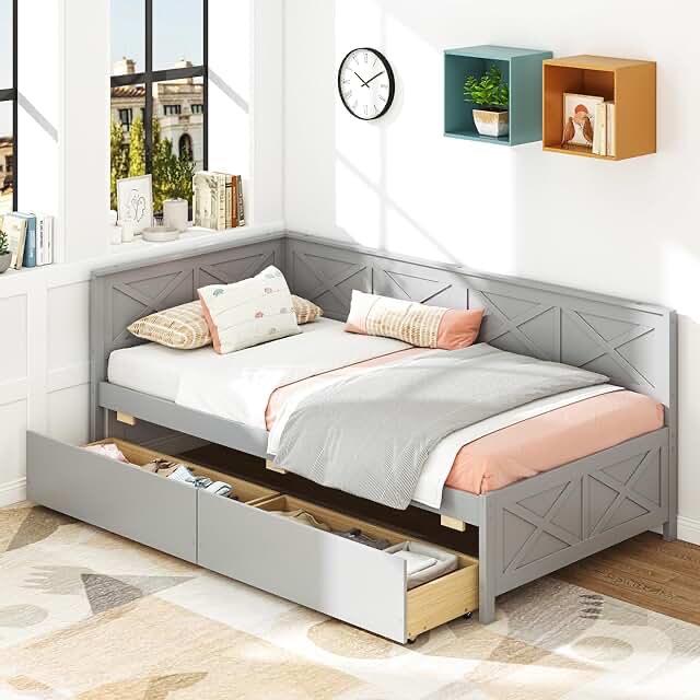 (incomplete box 2 of 3) grey linen daybed back rails and slats 