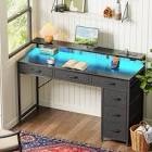 Keldric Rectangle Desk, Computer Desk with Drawers, Gaming Desk with LED Lights, Small Desk with Power Outlets, Writing Desk with Storage, Home Office Desk with Monitor Stand for Study