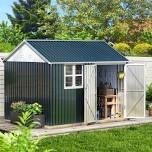 (2 boxes complete) 10x 8 FT Outdoor Steel Storage Shed With Lockable Doors And Window, Perfect For Garden, Backyard, And Patio Storage Size: 92.1" H x 114.7" W x 89.4" D