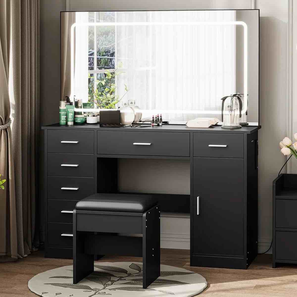 (Incomplete, miss) Vanity Desk with Large Mirror and Lights, Makeup Vanity with Charging Station, 3 Lighting Modes Adjustable Brightness, Vanity Table Set with 7 Drawers, Makeup Table for Bedroom