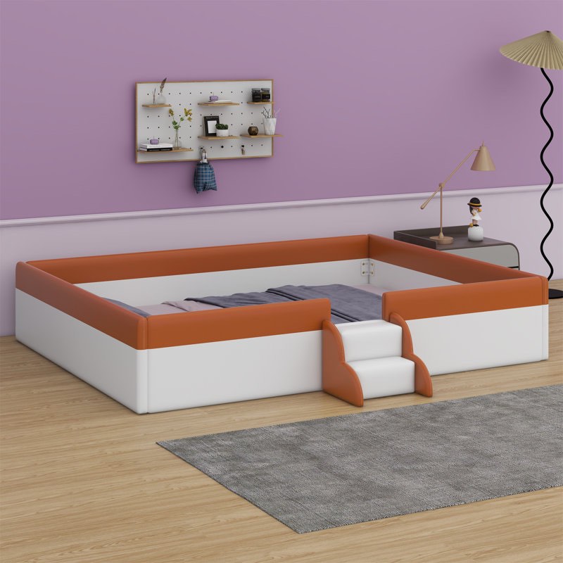 Queen Size Upholstered  Daybed Frame with Fence and Stairs Color: Brown/White, Size: Queen