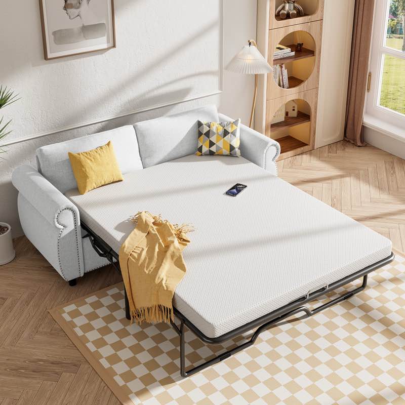 Lark Manor™ Full Sleeper Sofa With 4" Foldable Memory Foam Mattress, 2 In 1 Upholstered Pull Out Sofa Bed With Nailhead Armrests, Modern Linen Pull Out Couch For Living Room Apartment Office Upholstery Color: White