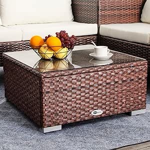 Patio Wicker Coffee Table With Glass Top