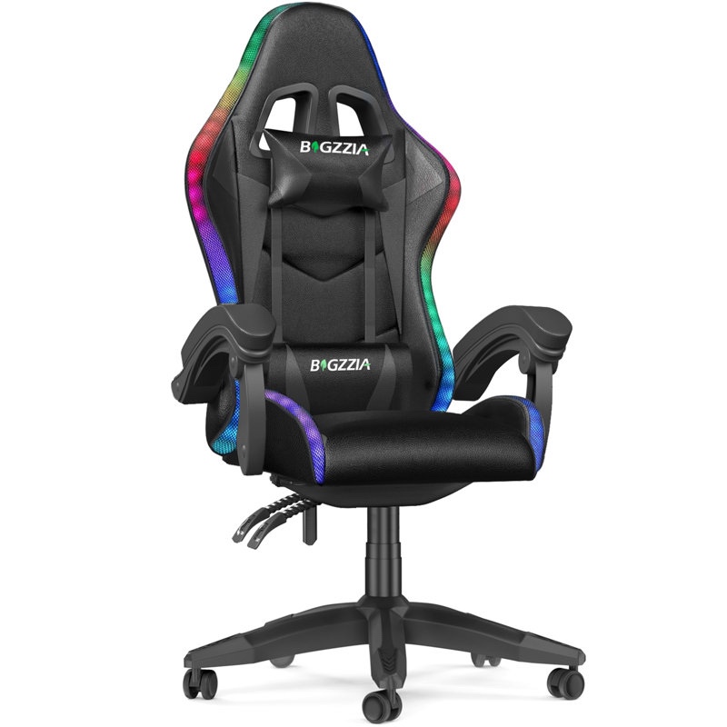 similar to stock photo reclining gaming chair with led lights and headrests