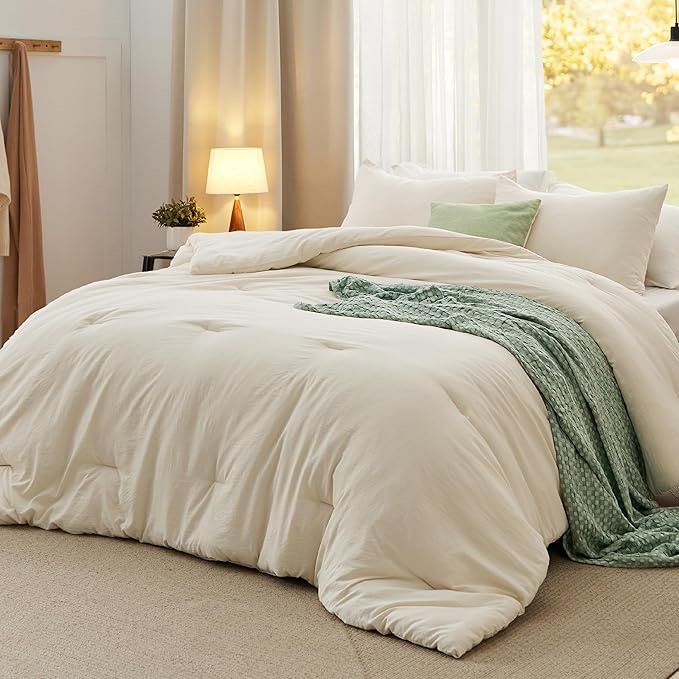 bedsure queen comforter set, cream soft prewashed bedding for all seasons, 3 pieces gentlesoft™ bed 