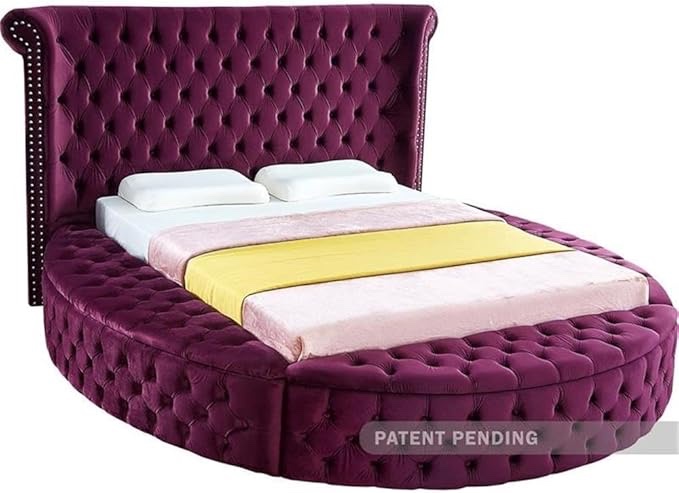 (Incomplete Set, Only Box 2 and 3 of 3) Meridian Furniture LuxusPurple-T Luxus Collection Modern | Contemporary Round Shaped Velvet Upholstered King Bed with Deep Button Tufting and Footboard Storage, Purple