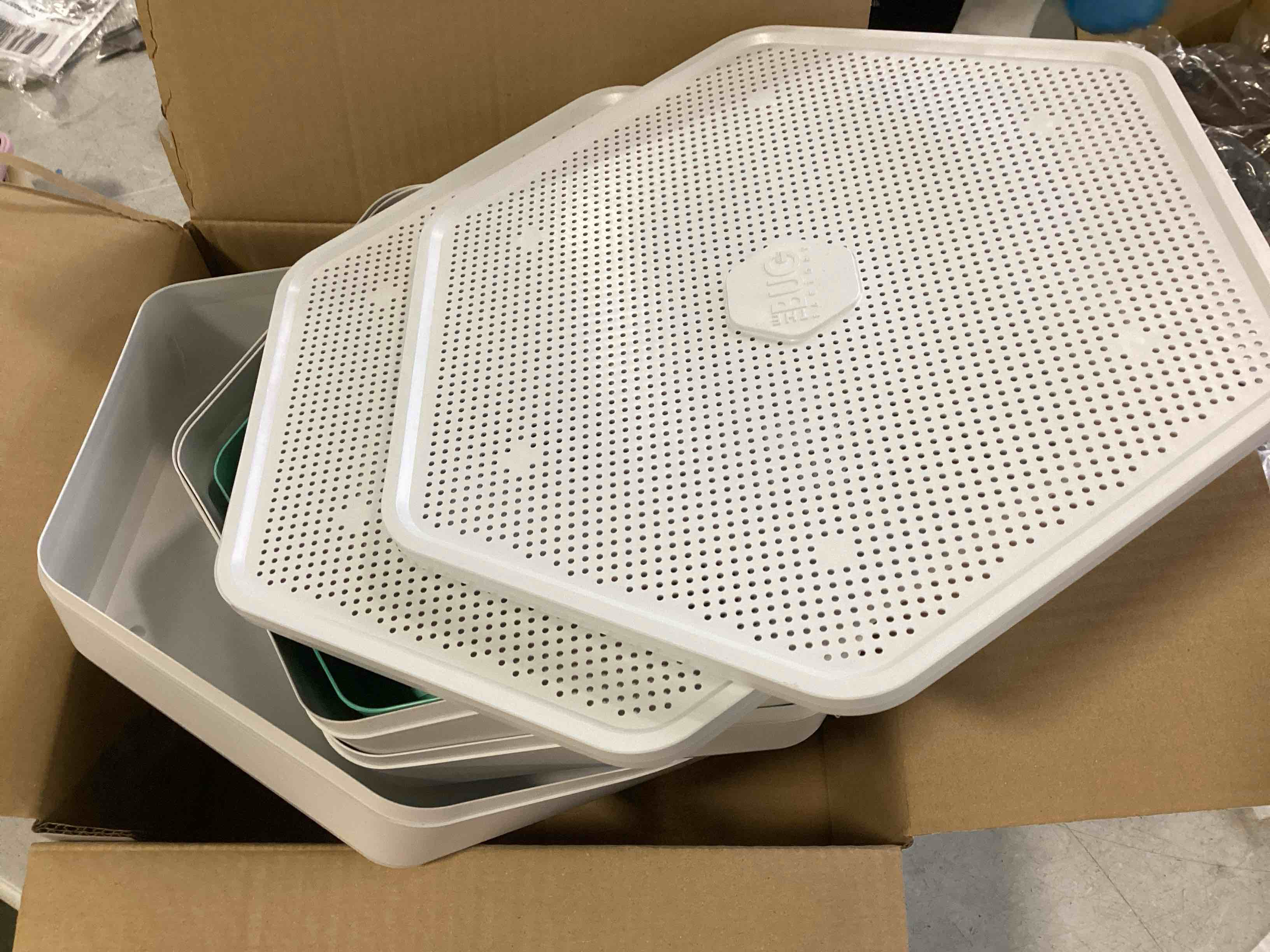 Condition photo showing New/Like New for The Bug Factory Mealworm Breeding and Growing Pod, 5 LB, White / Green Kit Contains: 3 white Mealworm trays, 1 Green Beetle Tray, 3 Carbon filters, 1 Tweezers. 