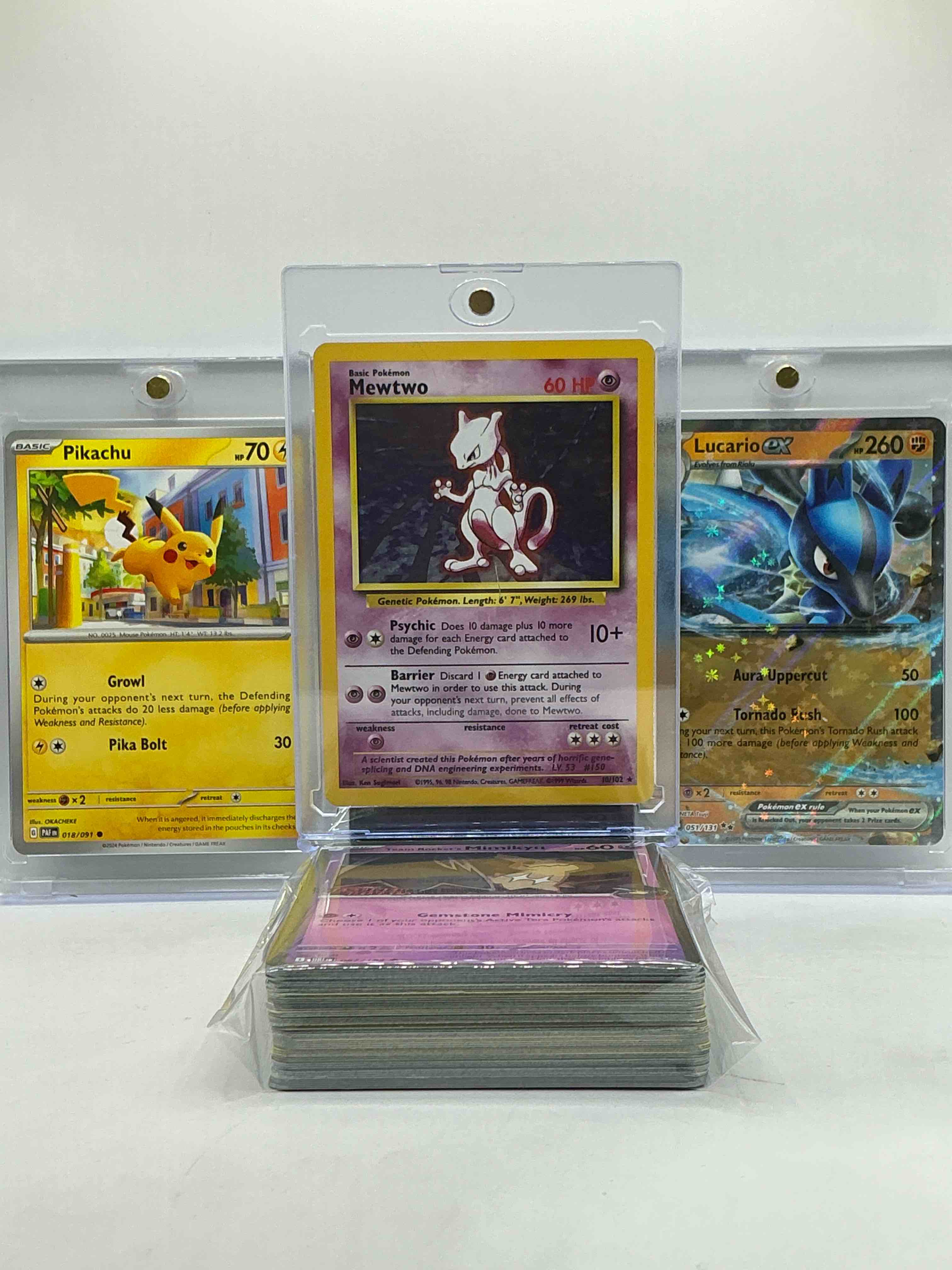 Vintage Rarity! Mewtwo 1995 Rare Holo Card, Pikachu Card & Lucario Holo! Insane Triple Threat Pokémon! This 50 Card Lot Includes, Holos, Legends, Commons, Rare Cards & More! Insane Trio!