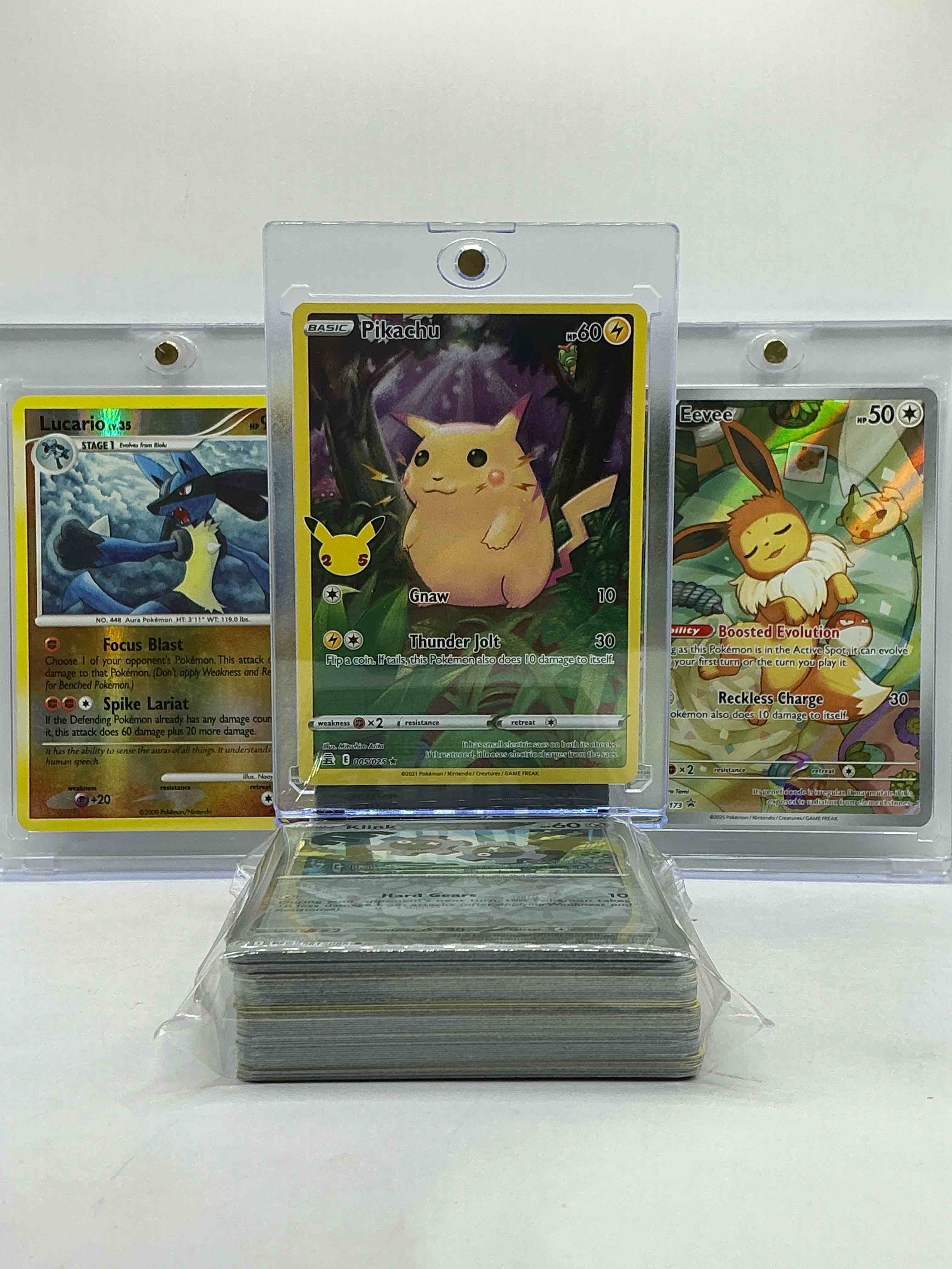 Pikachu Thunder Jolt Holo, Rare Eevee Boosted Evolution Holo, Lucario Spike Lariat Holo & More! Insane Trio… Along With Commons, Holos, Legends & More, All In This 50 Card Pokémon Lot!