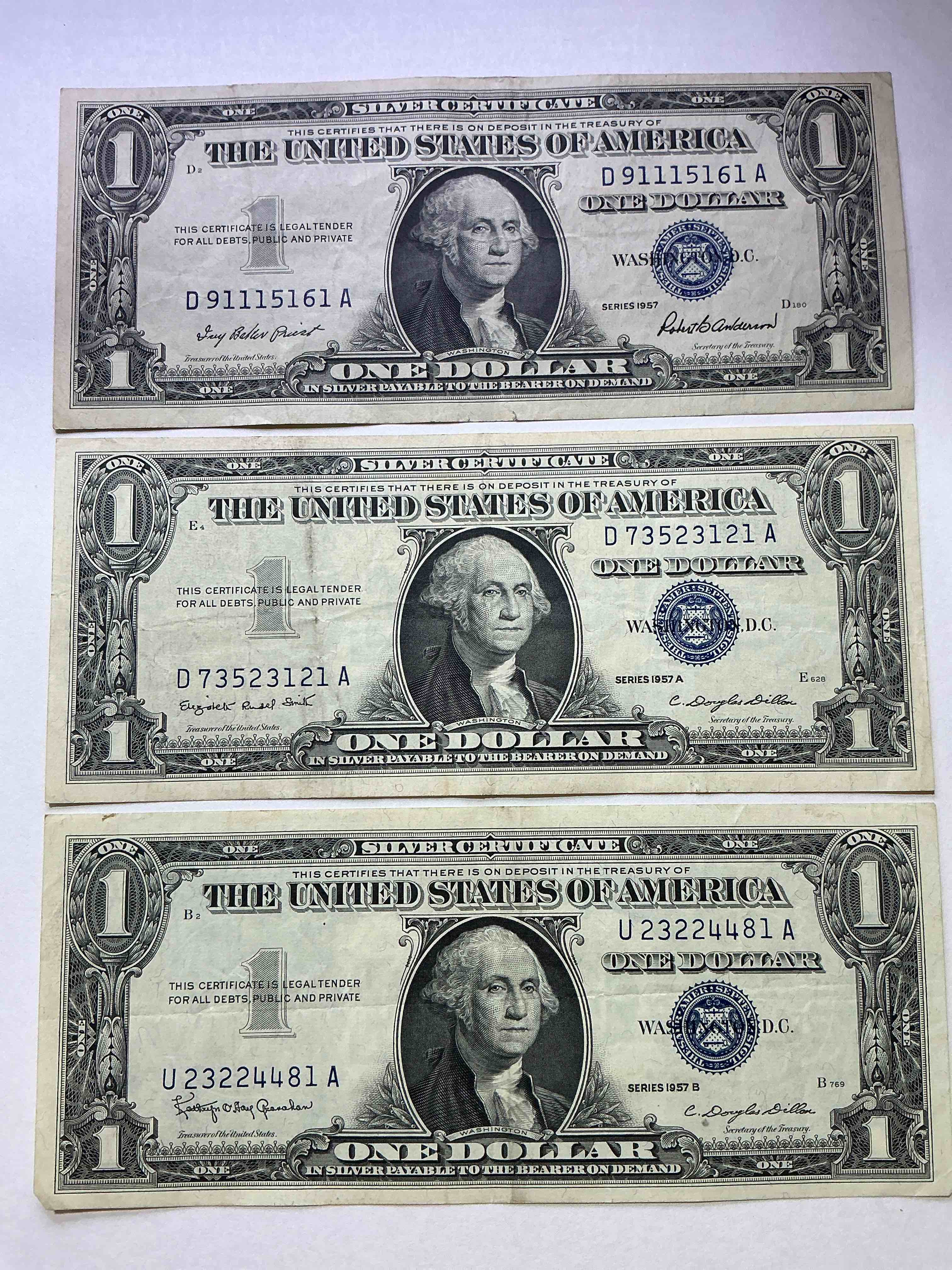 1957 Series Silver Certificates! Did You Know That Prior To 1964 One Dollar U.S. Paper Money Was Actually Redeemable For Silver Dollars?! Wow How Times Have Changed! Silver Certificates Were Produced From 1878 To 1964 & Are Still Considered Legal Tender At Face Value. Here Are Gorgeous, Circulated 1957 U.S. One Dollar Silver Certificate, With Highly Collectible "Blue Seal!* Own An Awesome Piece Of History!