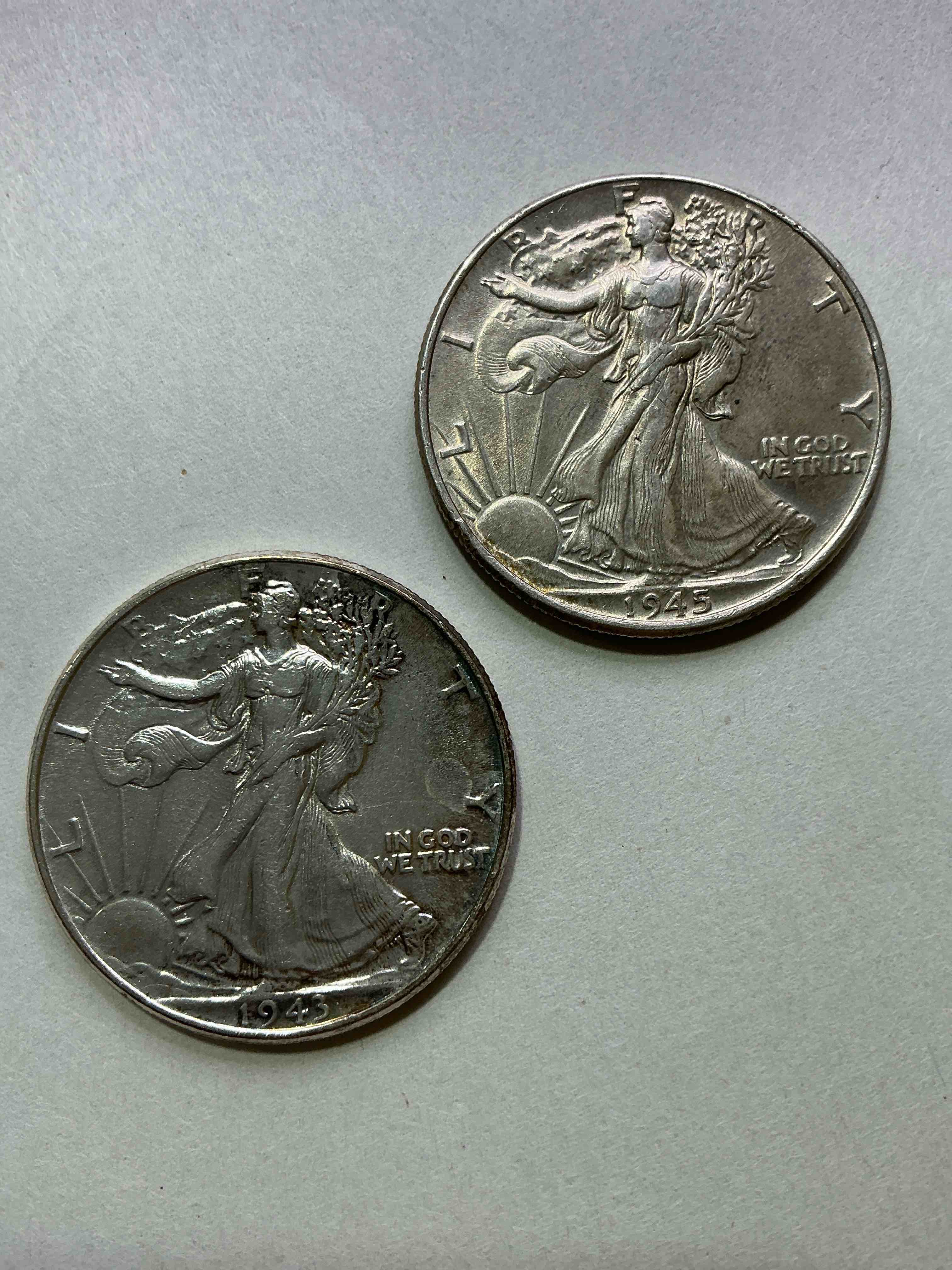 World War II Era Silver! Antique U.S. Silver! Liberty Walking Silver Half Dollar! This Striking Half Dollars Were Minted From 1916-1947 & Have Become Some Of The Most Collectible Coins In History! Here Are Striking Appears Circulated Examples From 1943 & 1945! Liberty Walking Coins Are 90% Fine U.S. Silver, A Great Investment In Precious Metal!