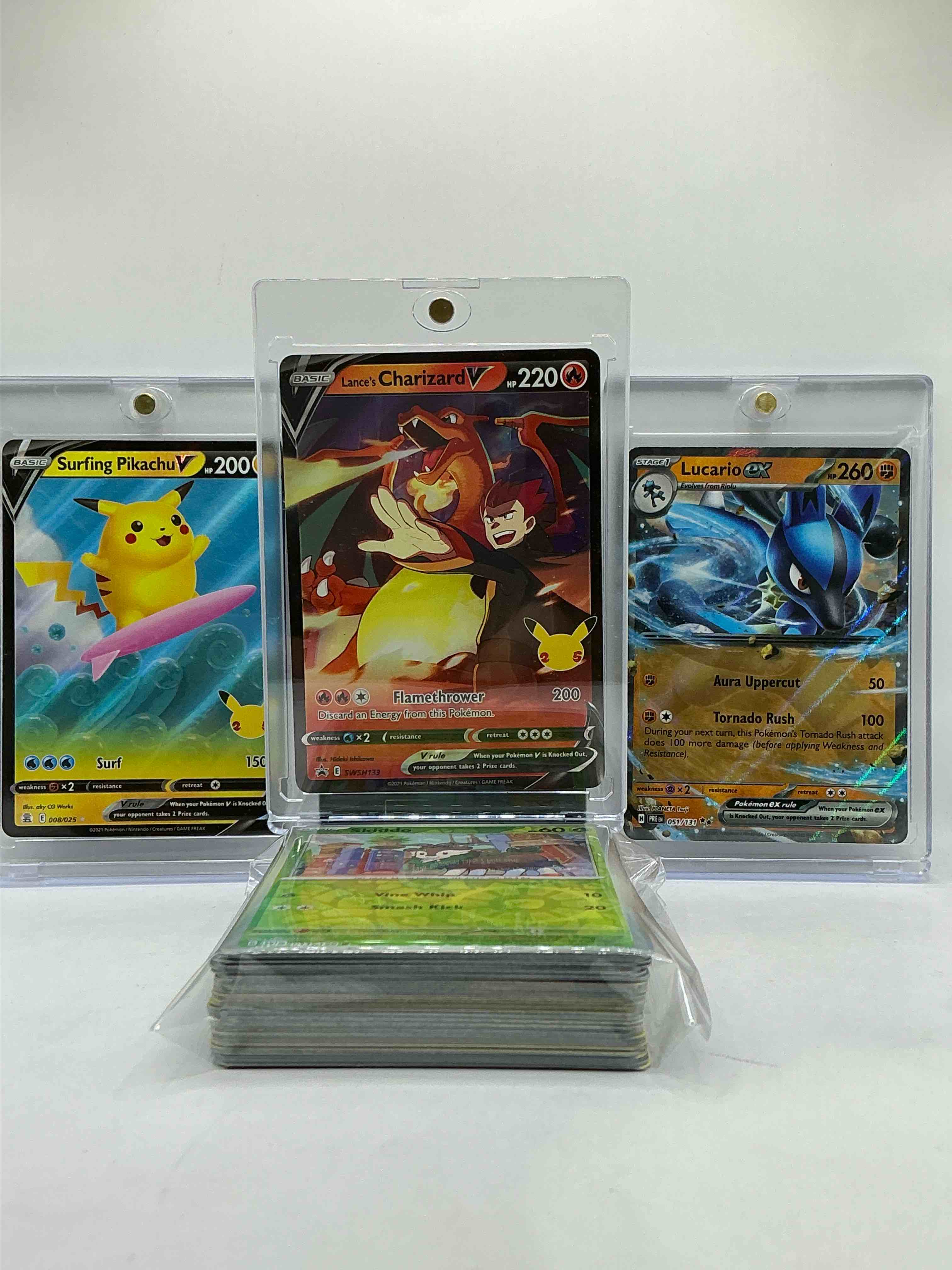 Charizard, Pikachu & Lucario Holos! Insane 50 Card Pokémon! Charizard V Holo, Lucario EX Holo, Pikachu Surfing V Holo & More! WOW! Crazy Monsters Mania! Holos, Commons, Legends & More All Included!