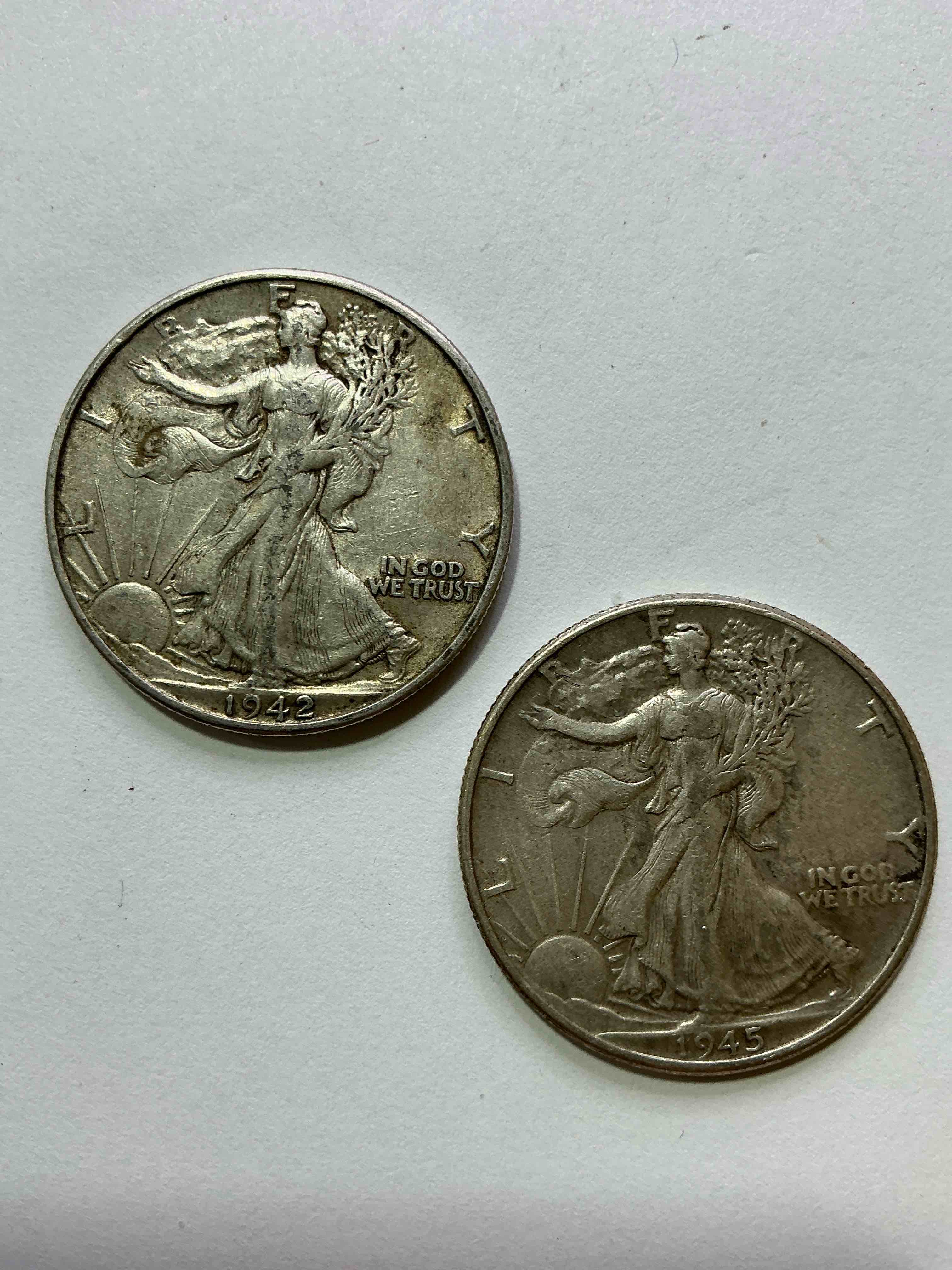 World War II Era Silver! Antique U.S. Silver! Liberty Walking Silver Half Dollar! This Striking Half Dollars Were Minted From 1916-1947 & Have Become Some Of The Most Collectible Coins In History! Here Are Striking Appears Circulated Examples From 1942 & 1945! Liberty Walking Coins Are 90% Fine U.S. Silver, A Great Investment In Precious Metal!