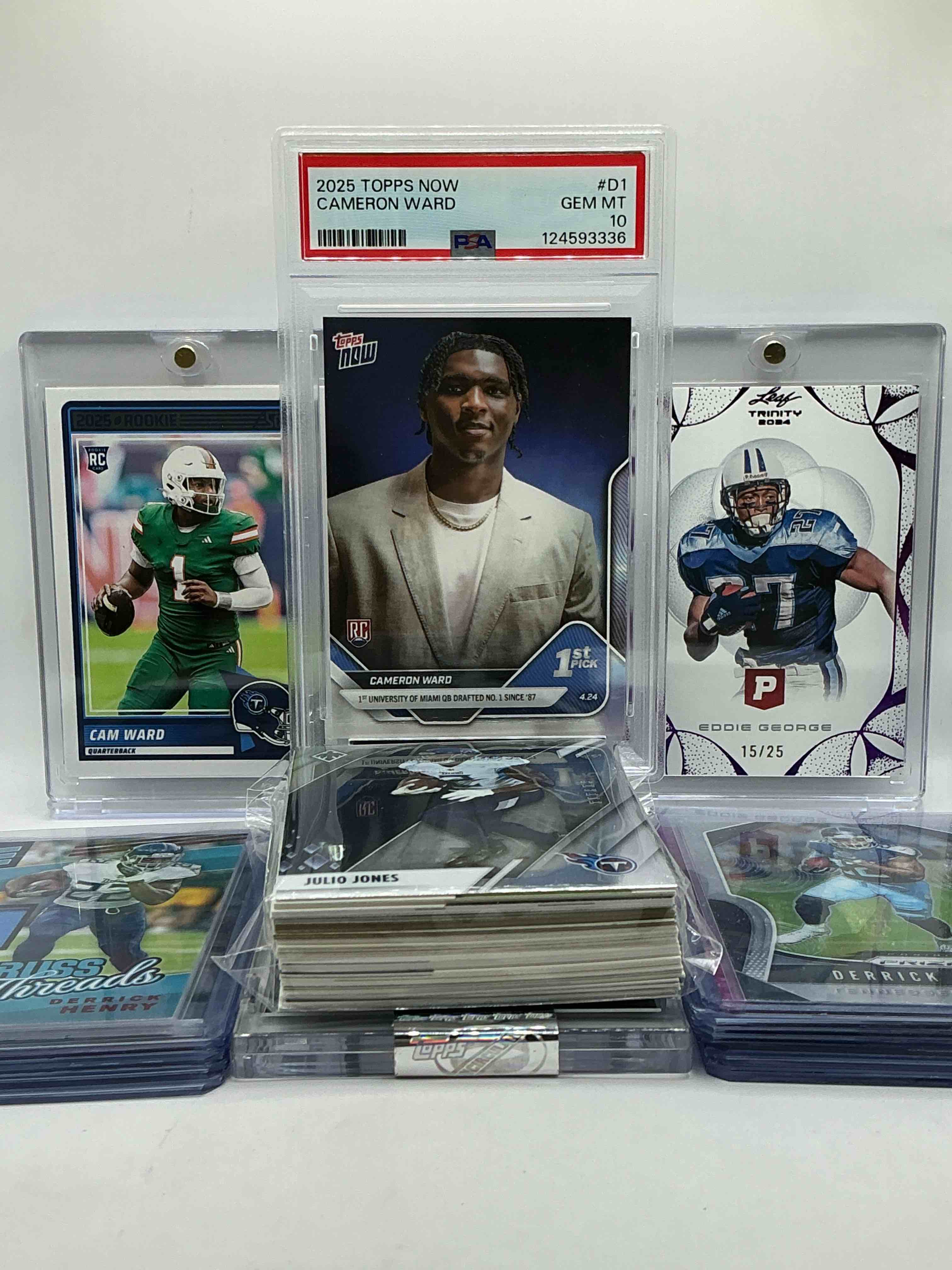 Cam Ward Topps Now PSA 10 Rookie Card! Score Rookie Card & More! Eddie George 15/25 Leaf Card, Derrick Henry Jersey Card, Mosaics, Prizms, Rookies, Phoenix & More! WOW! Titans Legends, Rookies, Commons, Heroes & So Many Awesome Cards! Perfect 50 Card Lot!