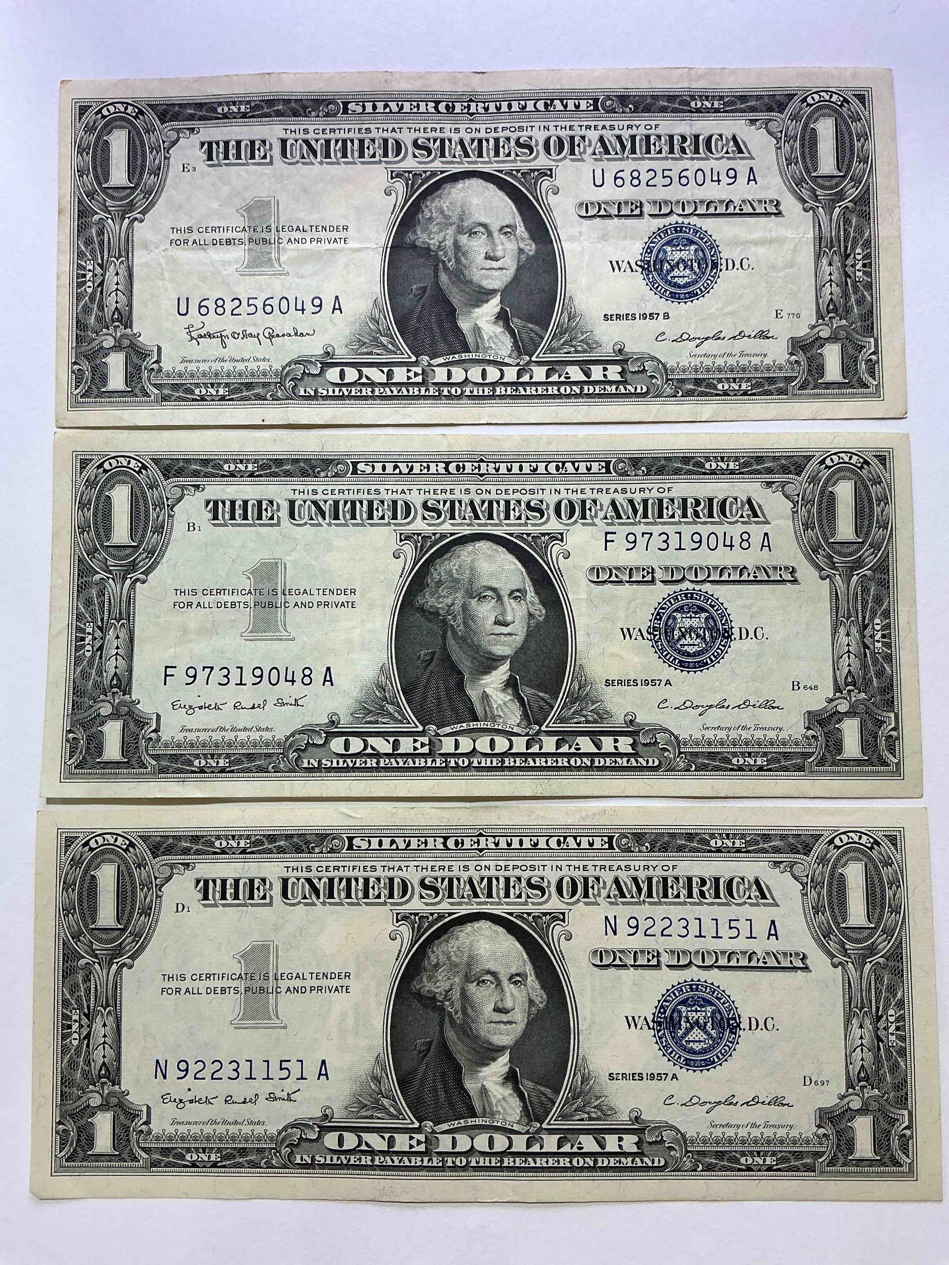 1957 Series Silver Certificates! Did You Know That Prior To 1964 One Dollar U.S. Paper Money Was Actually Redeemable For Silver Dollars?! Wow How Times Have Changed! Silver Certificates Were Produced From 1878 To 1964 & Are Still Considered Legal Tender At Face Value. Here Are Gorgeous, Circulated 1957 U.S. One Dollar Silver Certificate, With Highly Collectible "Blue Seal!* Own An Awesome Piece Of History!