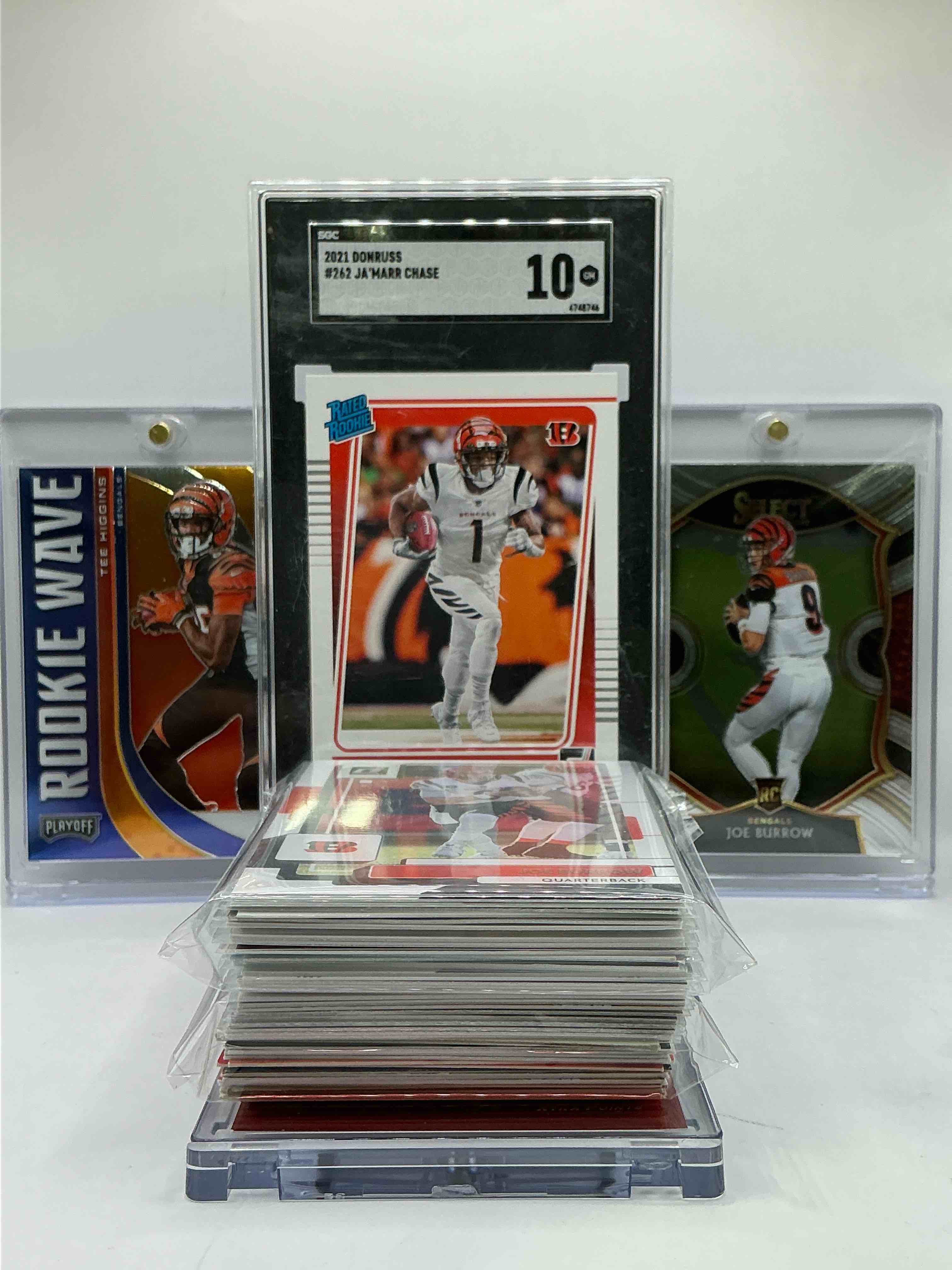 Ja’marr Chase Gem Mint 10 Rated Rookie Card! Joe Burrow Select Rookie & Tee Higgins Playoff Rookie! Insane Trio! Bengals Bonanza! 50 Card Craziness! Filed With Vintage & New, Commons, Legends, Rookies & More! WOW!