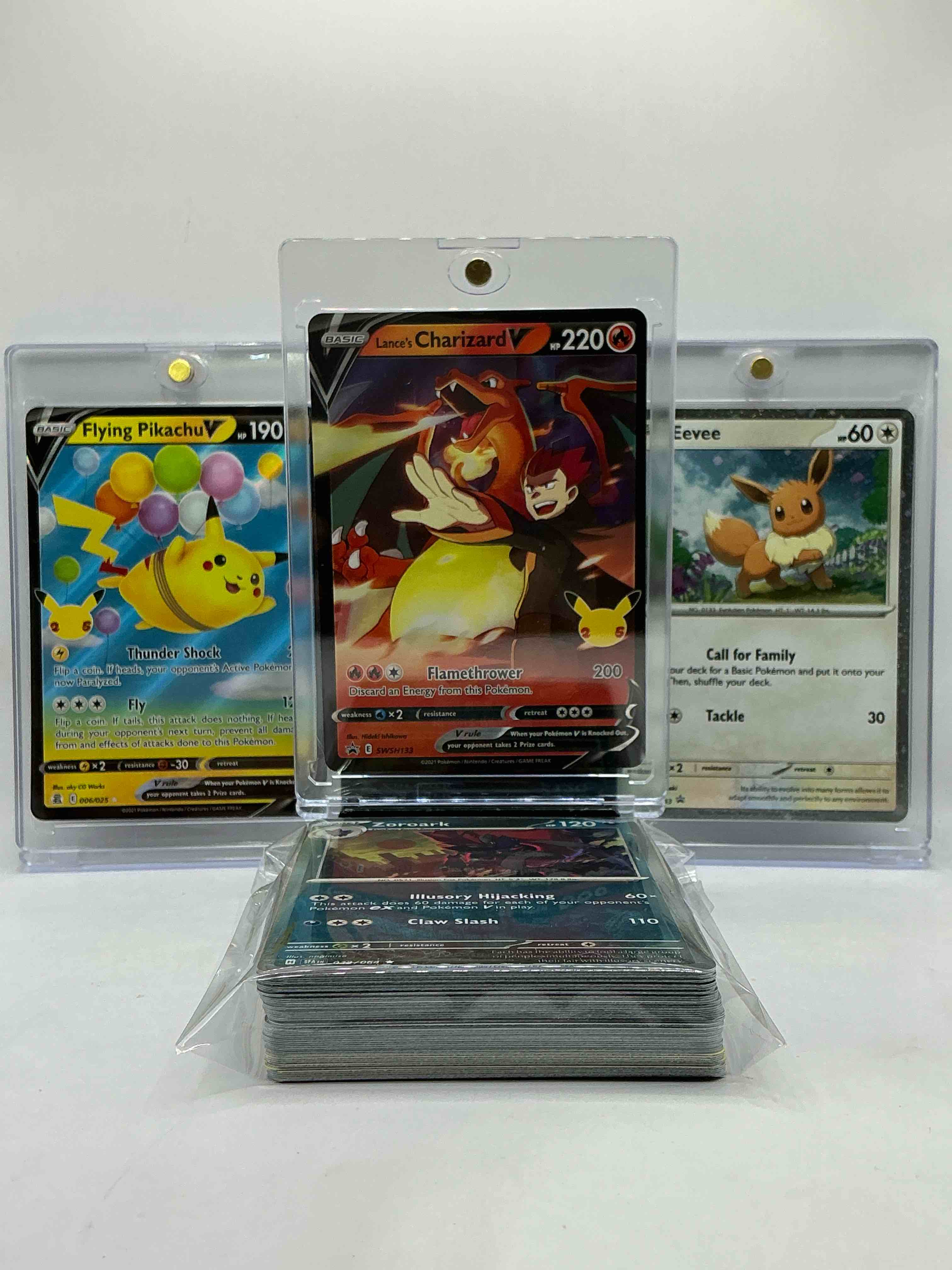 Charizard V Holo, Pikachu Flying V & Eevee! Two Of The Most Popular & Wanted Monsters & Cards! Insane 50 Card Lot, Filled With Commons, Legends, Heroes & More!