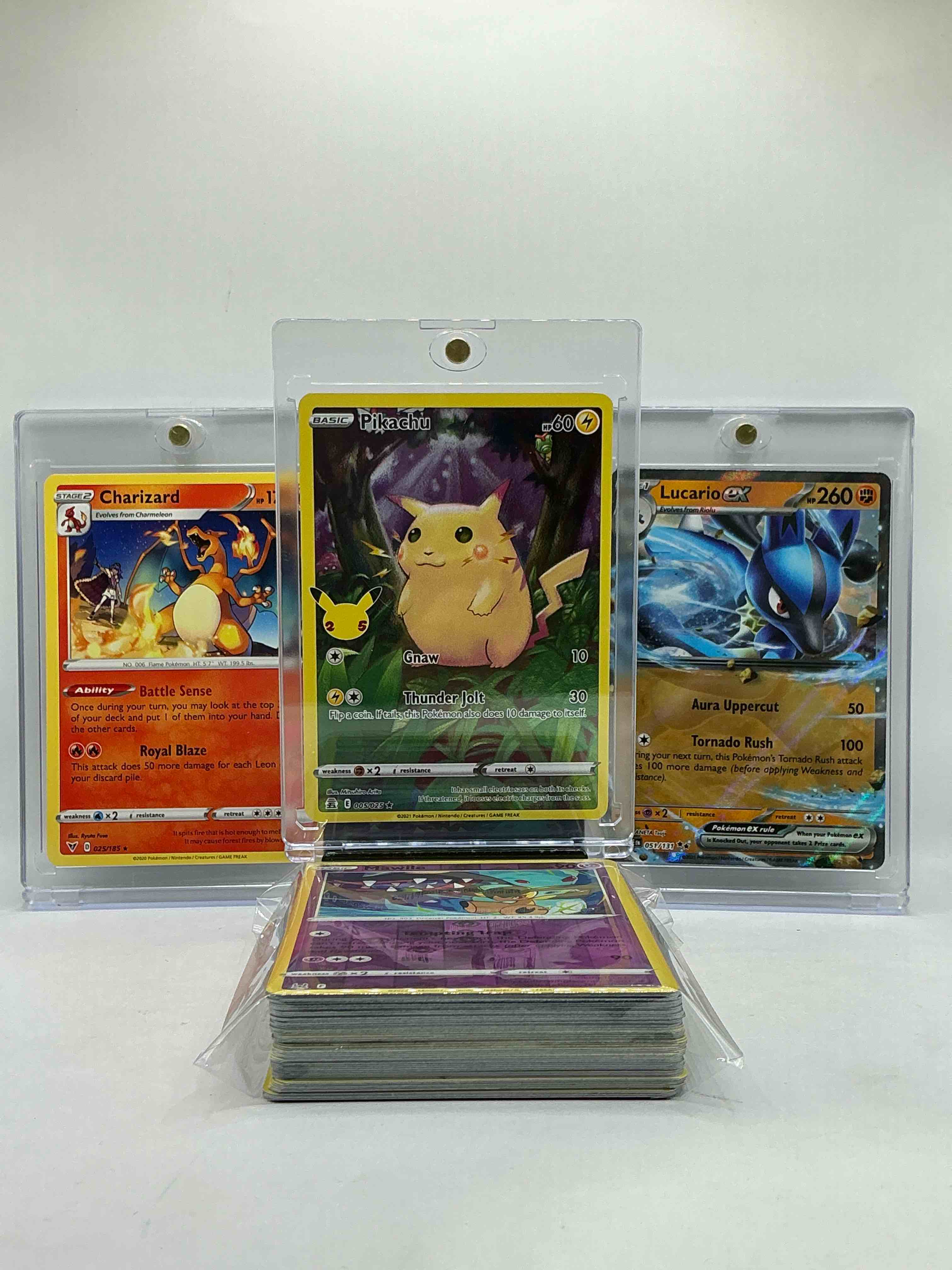 Pikachu Ultra Rare Holo, Charizard & Lucario EX! Insane Trio… Some Of The Most Wanted & Collected Pokemon! Pokémon Palooza! This 50 Card Lot Includes Commons, Legends, Heroes & More! WOW!