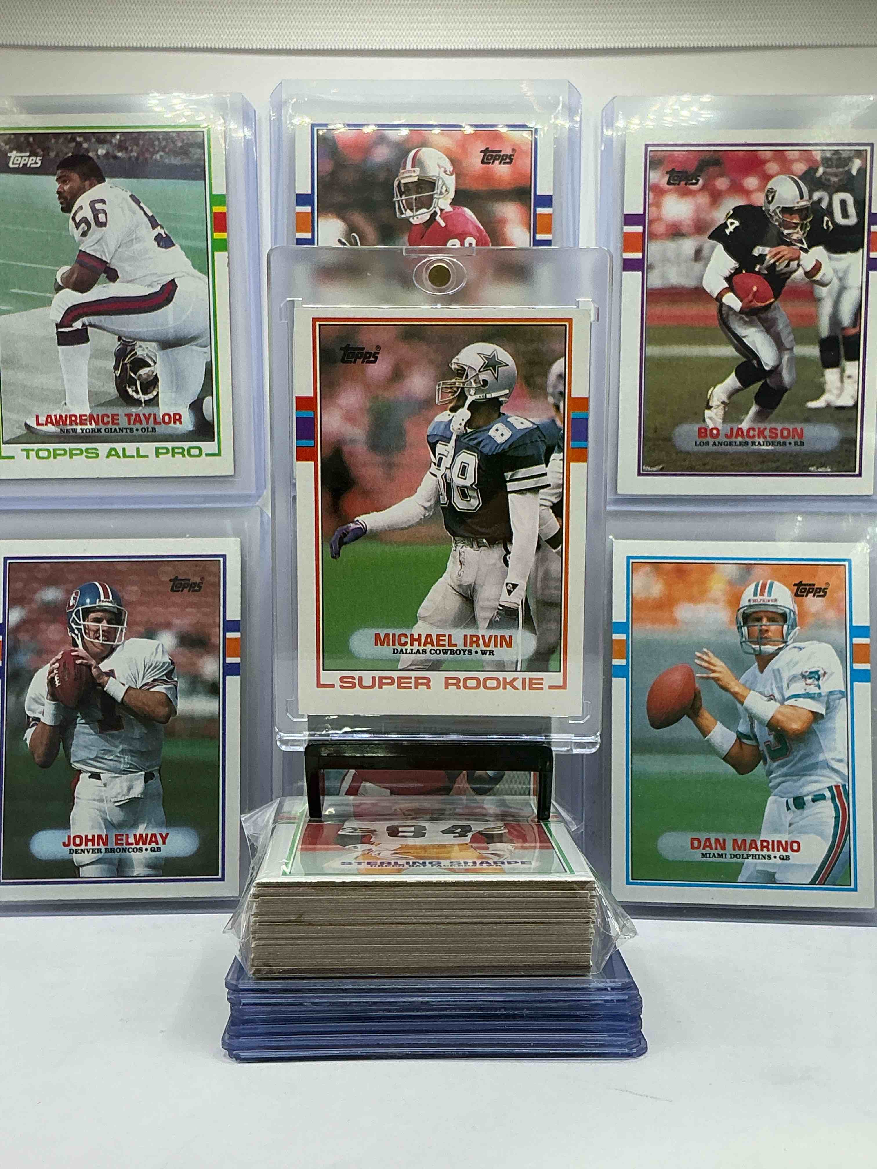 Michael Irvin Rookie! 1989 Topps Football Cards… Dan Marino, John Elway, Bo Jackson, Lawrence Taylor & More! 50 Card Lot! Commons, Legends, All Pros, Rookies & More!