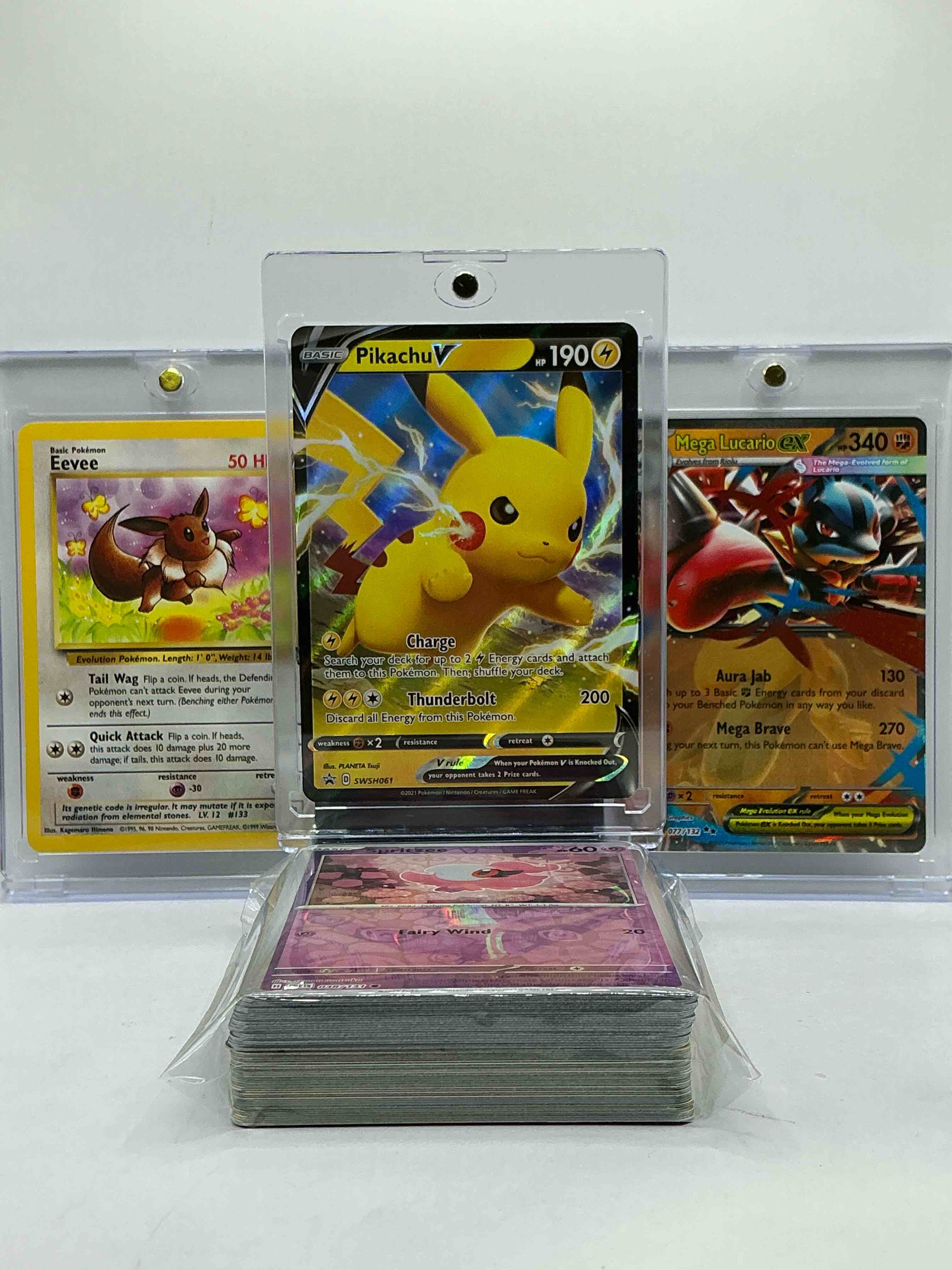 Pikachu V Holo Black Insanity! Mega Lucario EX Holo & Rare Vintage EEVEE Card! WOW! Pokémon Party! Eevee, Pikachu, Lucario & More! This 50 Card Lot Is Filed With Commons, Legends, Holos & More!