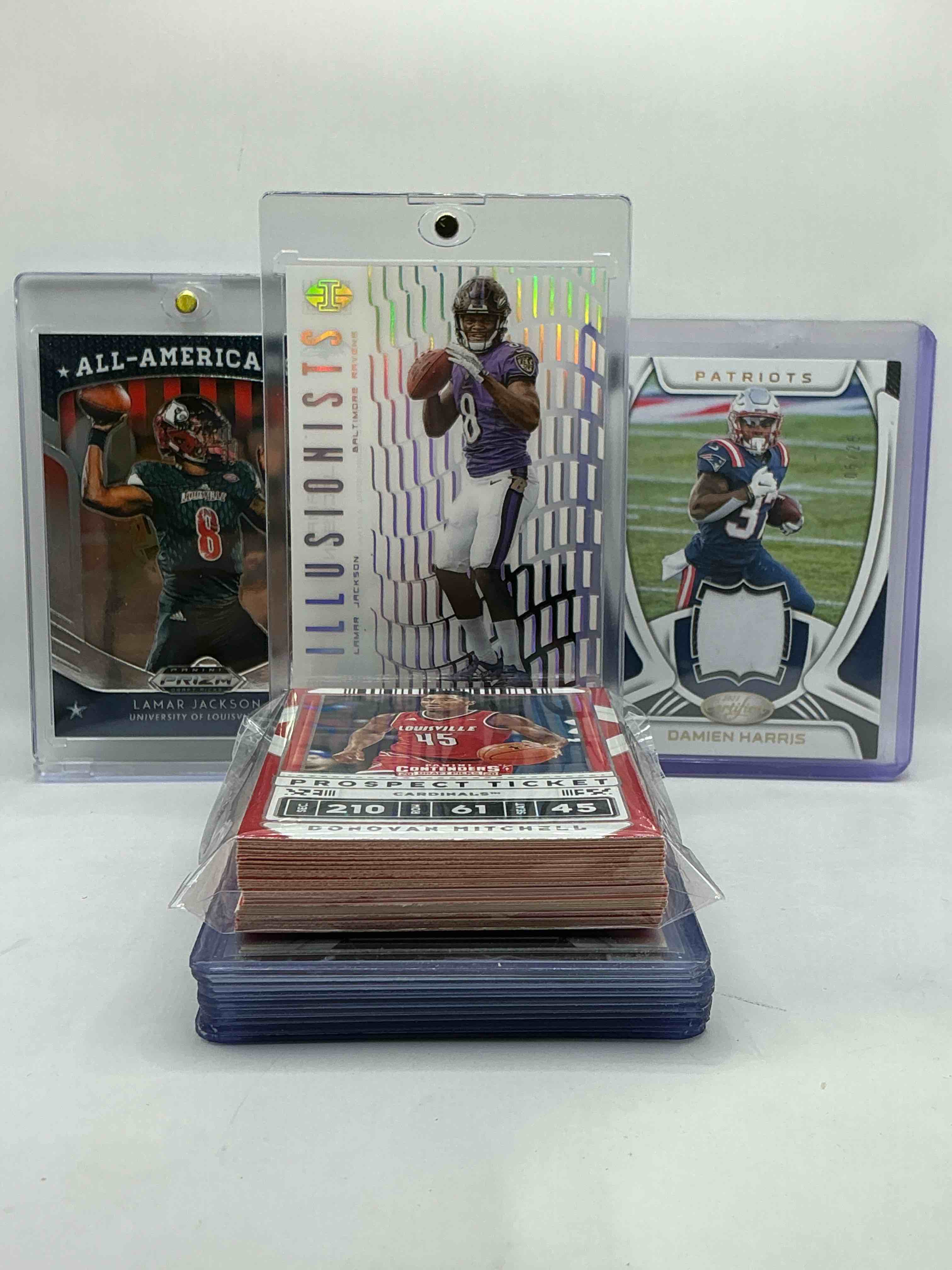 Lamar Jackson Insanity! Lamar Illusionists Rookie Card, Lamar All American Card, Damien Harris Certified Player- Worn Jersey Card! WOW! This 50 Card Louisville Legends Lot Is Perfect For Any Cards Fan! This Lot Includes Commons, Legends, Heroes, Rookies & More! 