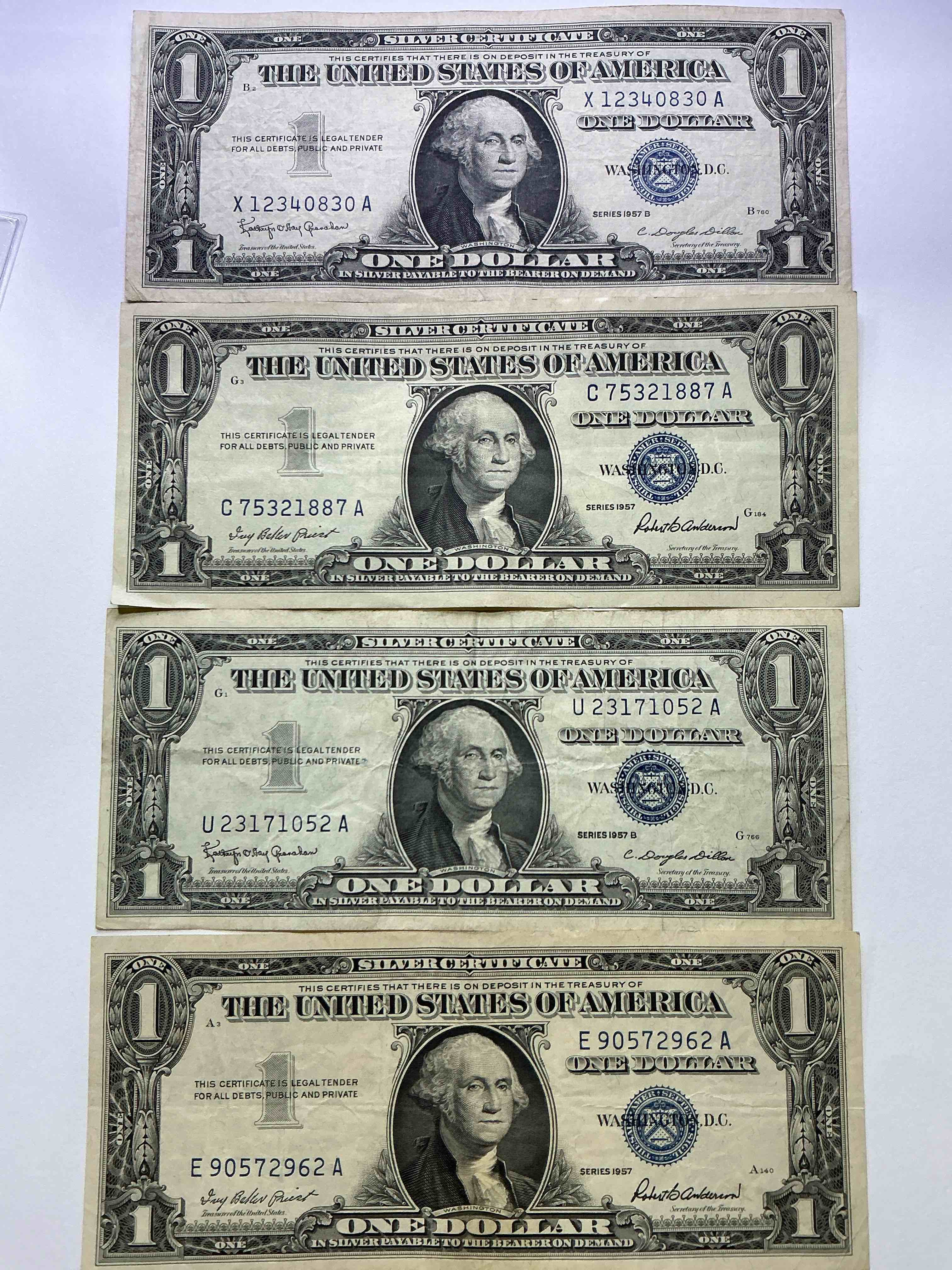 1957 Series Silver Certificates! Did You Know That Prior To 1964 One Dollar U.S. Paper Money Was Actually Redeemable For Silver Dollars?! Wow How Times Have Changed! Silver Certificates Were Produced From 1878 To 1964 & Are Still Considered Legal Tender At Face Value. Here Are Gorgeous, Circulated 1957 U.S. One Dollar Silver Certificate, With Highly Collectible "Blue Seal!* Own An Awesome Piece Of History!
