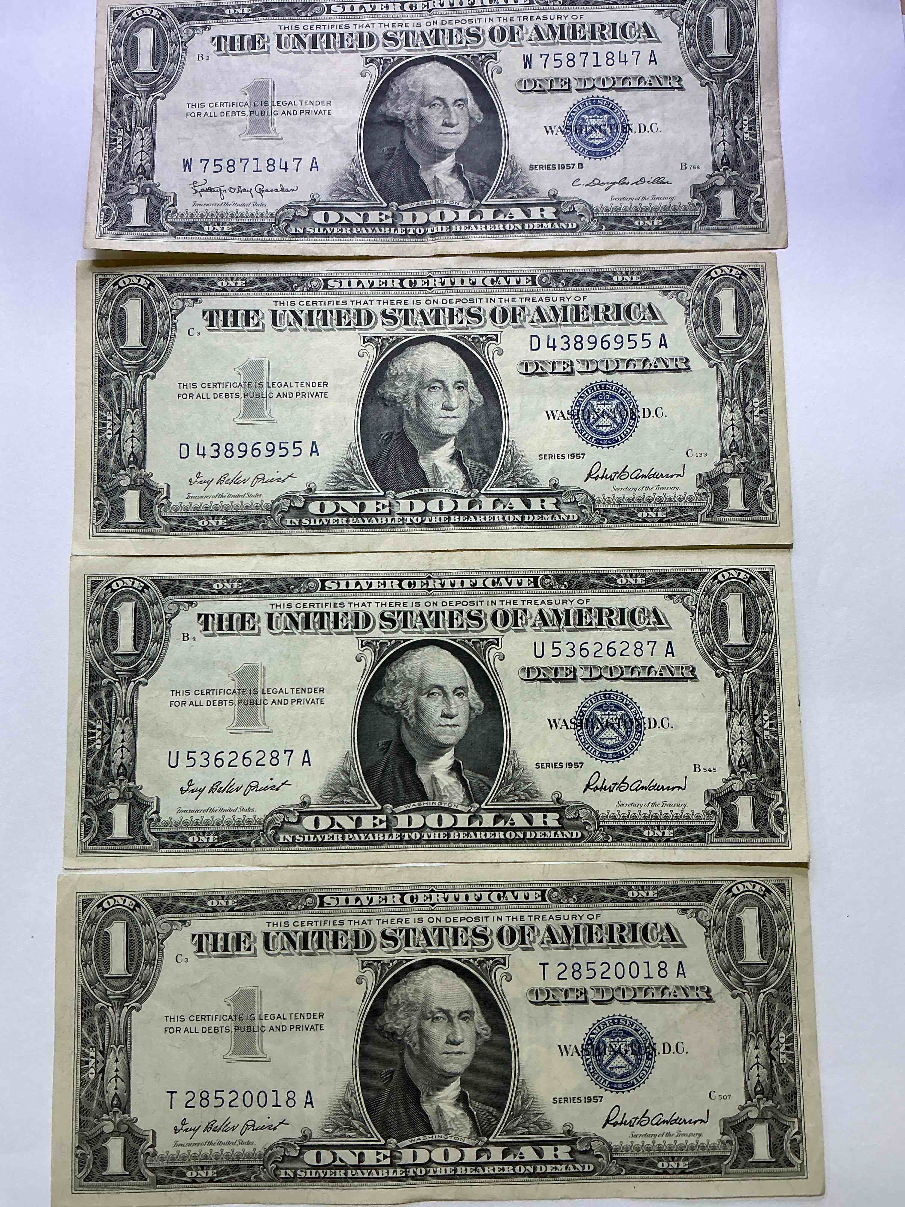 1957 Series Silver Certificates! Did You Know That Prior To 1964 One Dollar U.S. Paper Money Was Actually Redeemable For Silver Dollars?! Wow How Times Have Changed! Silver Certificates Were Produced From 1878 To 1964 & Are Still Considered Legal Tender At Face Value. Here Are Gorgeous, Circulated 1957 U.S. One Dollar Silver Certificate, With Highly Collectible "Blue Seal!* Own An Awesome Piece Of History!