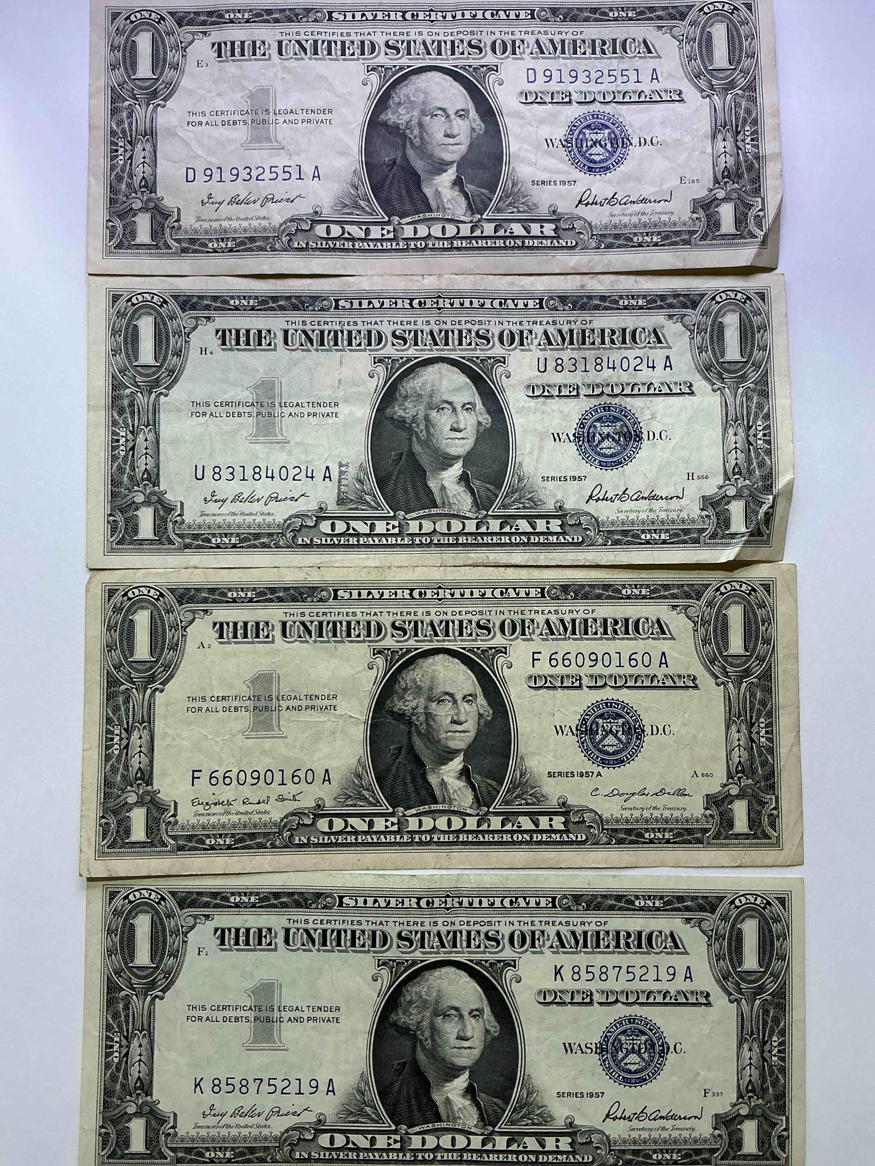1957 Series Silver Certificates! Did You Know That Prior To 1964 One Dollar U.S. Paper Money Was Actually Redeemable For Silver Dollars?! Wow How Times Have Changed! Silver Certificates Were Produced From 1878 To 1964 & Are Still Considered Legal Tender At Face Value. Here Are Gorgeous, Circulated 1957 U.S. One Dollar Silver Certificate, With Highly Collectible "Blue Seal!* Own An Awesome Piece Of History!