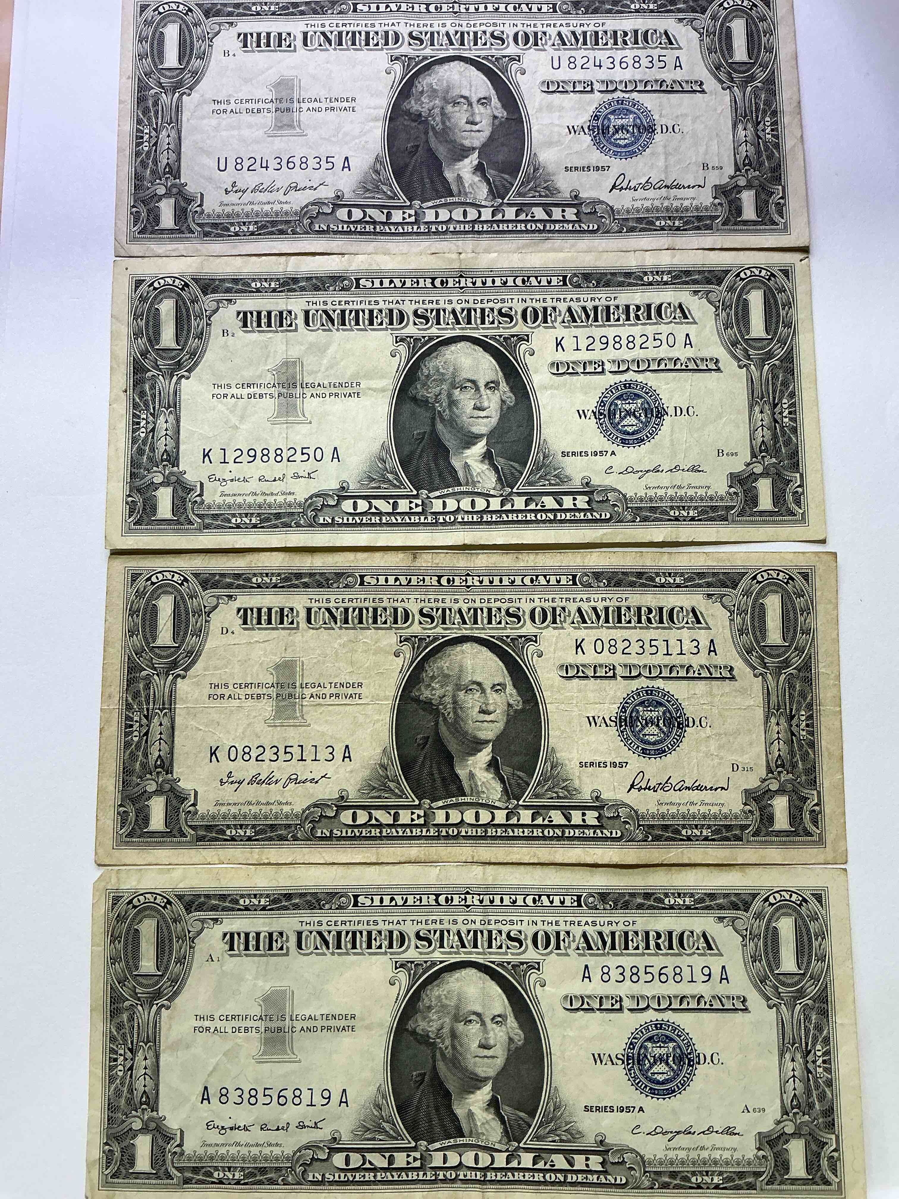 1957 Series Silver Certificates! Did You Know That Prior To 1964 One Dollar U.S. Paper Money Was Actually Redeemable For Silver Dollars?! Wow How Times Have Changed! Silver Certificates Were Produced From 1878 To 1964 & Are Still Considered Legal Tender At Face Value. Here Are Gorgeous, Circulated 1957 U.S. One Dollar Silver Certificate, With Highly Collectible "Blue Seal!* Own An Awesome Piece Of History!