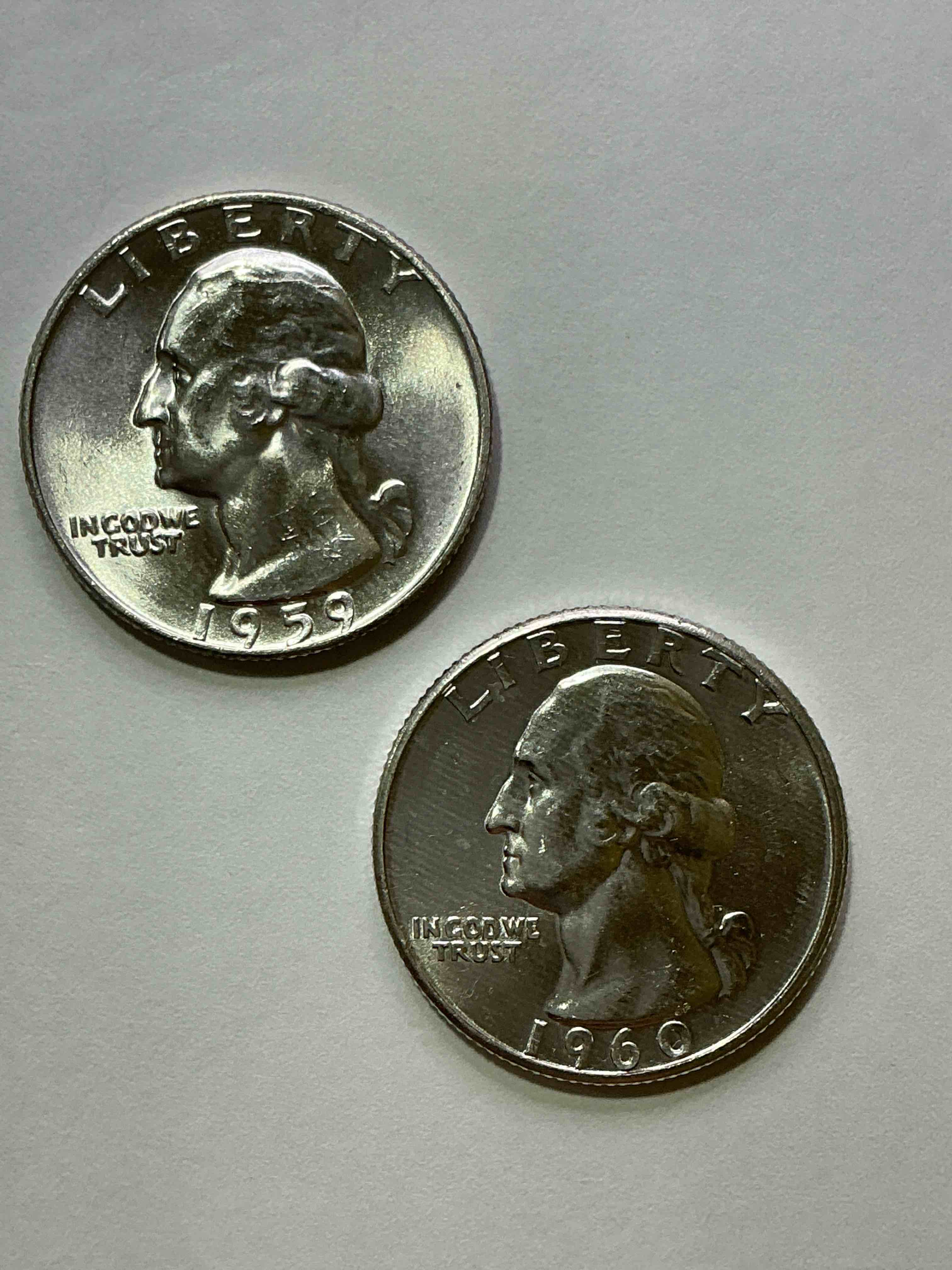 George Washington Brilliant Uncirculated Silver! Pre 1965 U.S. Quarter Dollar Coins Were Actually Silver, Here Are two Great Examples Of Awesome, Pristine George Washington Silver Quarters, Stunning & Uncirculated! Rare 1961 & 1959 Mints! Great For Investing In Precious Metals! These Coins Were Minted At 90% Silver and 10% Copper, Giving Them A Net Weight Of .18084 Ounces Of Pure Silver Per Coin! Very Hard To Find Uncirculated, Stunning! Invest In Fine U.S. Silver!