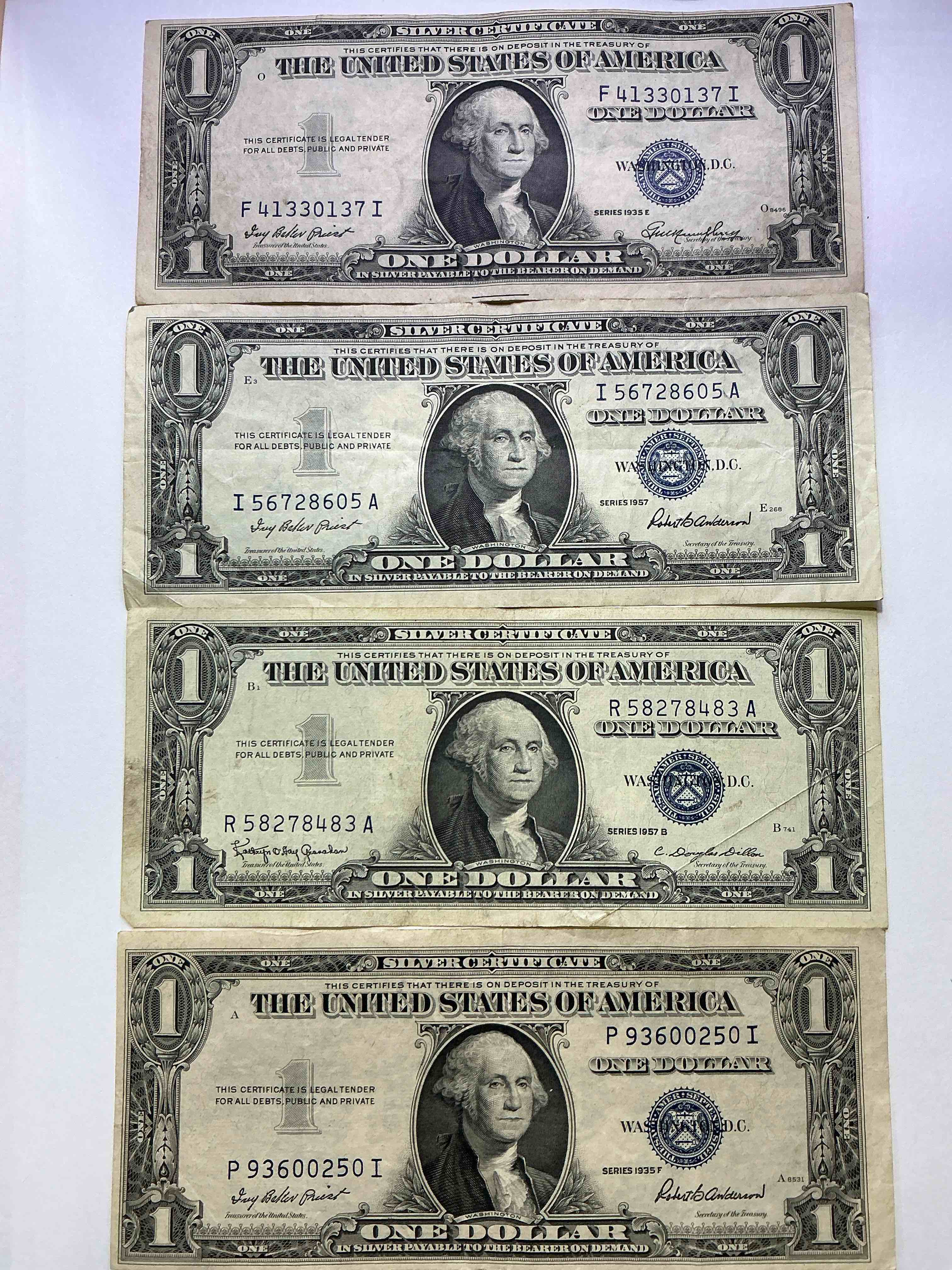 1957 Series Silver Certificates! Did You Know That Prior To 1964 One Dollar U.S. Paper Money Was Actually Redeemable For Silver Dollars?! Wow How Times Have Changed! Silver Certificates Were Produced From 1878 To 1964 & Are Still Considered Legal Tender At Face Value. Here Are Gorgeous, Circulated 1957 U.S. One Dollar Silver Certificate, With Highly Collectible "Blue Seal!* Own An Awesome Piece Of History!