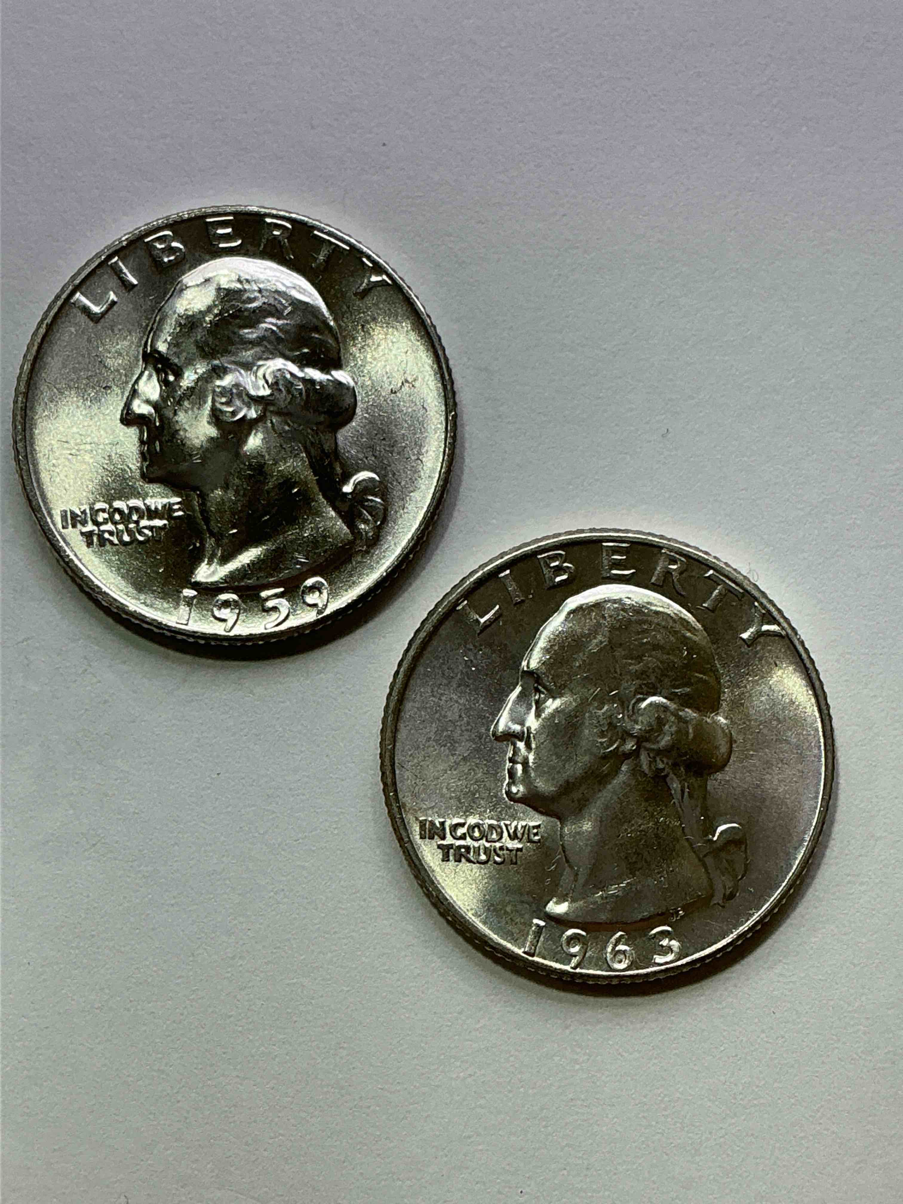 George Washington Brilliant Uncirculated Silver! Pre 1965 U.S. Quarter Dollar Coins Were Actually Silver, Here Are two Great Examples Of Awesome, Pristine George Washington Silver Quarters, Stunning & Uncirculated! Rare 1961 & 1959 Mints! Great For Investing In Precious Metals! These Coins Were Minted At 90% Silver and 10% Copper, Giving Them A Net Weight Of .18084 Ounces Of Pure Silver Per Coin! Very Hard To Find Uncirculated, Stunning! Invest In Fine U.S. Silver!