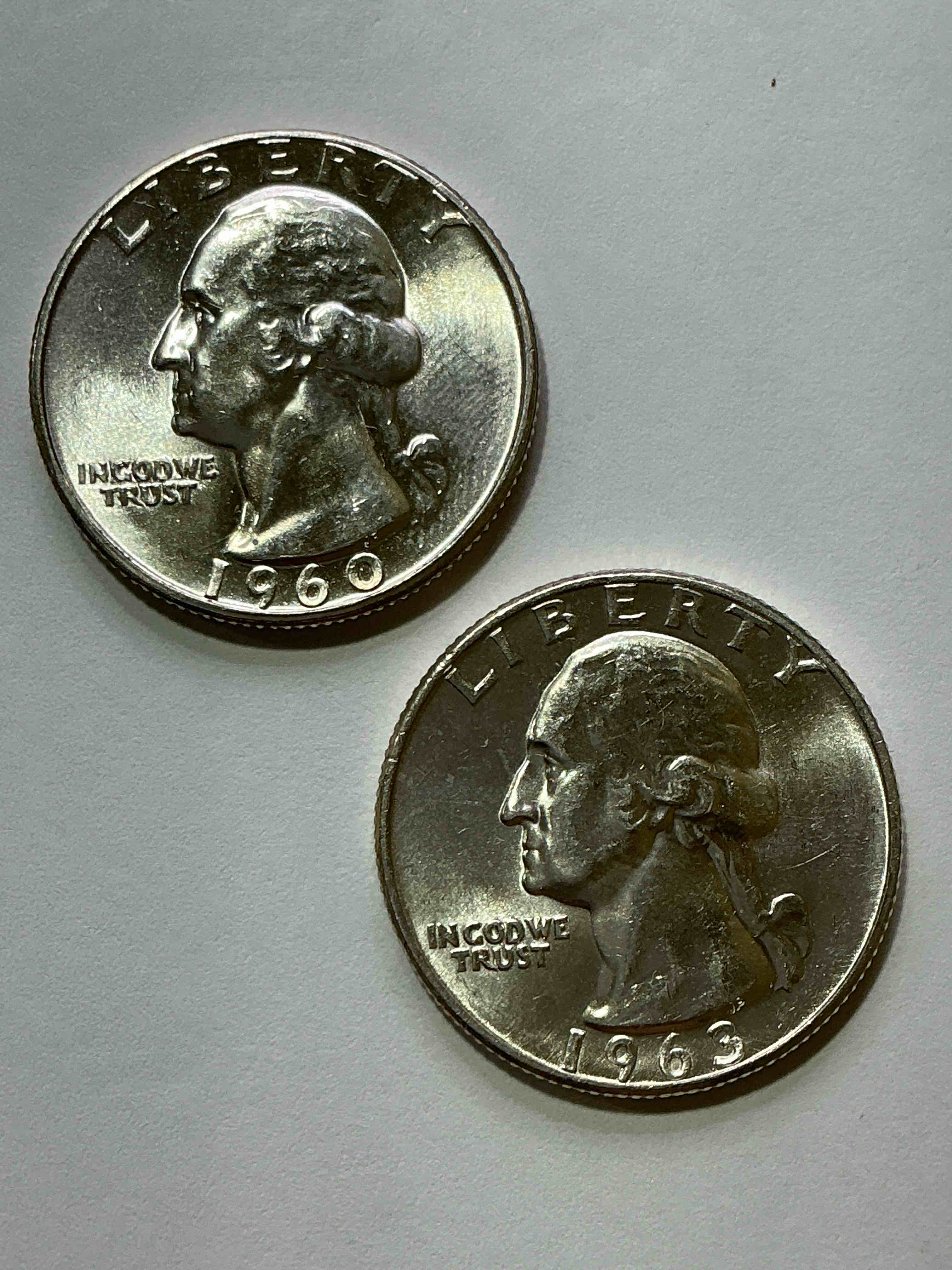 George Washington Brilliant Uncirculated Silver! Pre 1965 U.S. Quarter Dollar Coins Were Actually Silver, Here Are two Great Examples Of Awesome, Pristine George Washington Silver Quarters, Stunning & Uncirculated! Rare 1961 & 1959 Mints! Great For Investing In Precious Metals! These Coins Were Minted At 90% Silver and 10% Copper, Giving Them A Net Weight Of .18084 Ounces Of Pure Silver Per Coin! Very Hard To Find Uncirculated, Stunning! Invest In Fine U.S. Silver!