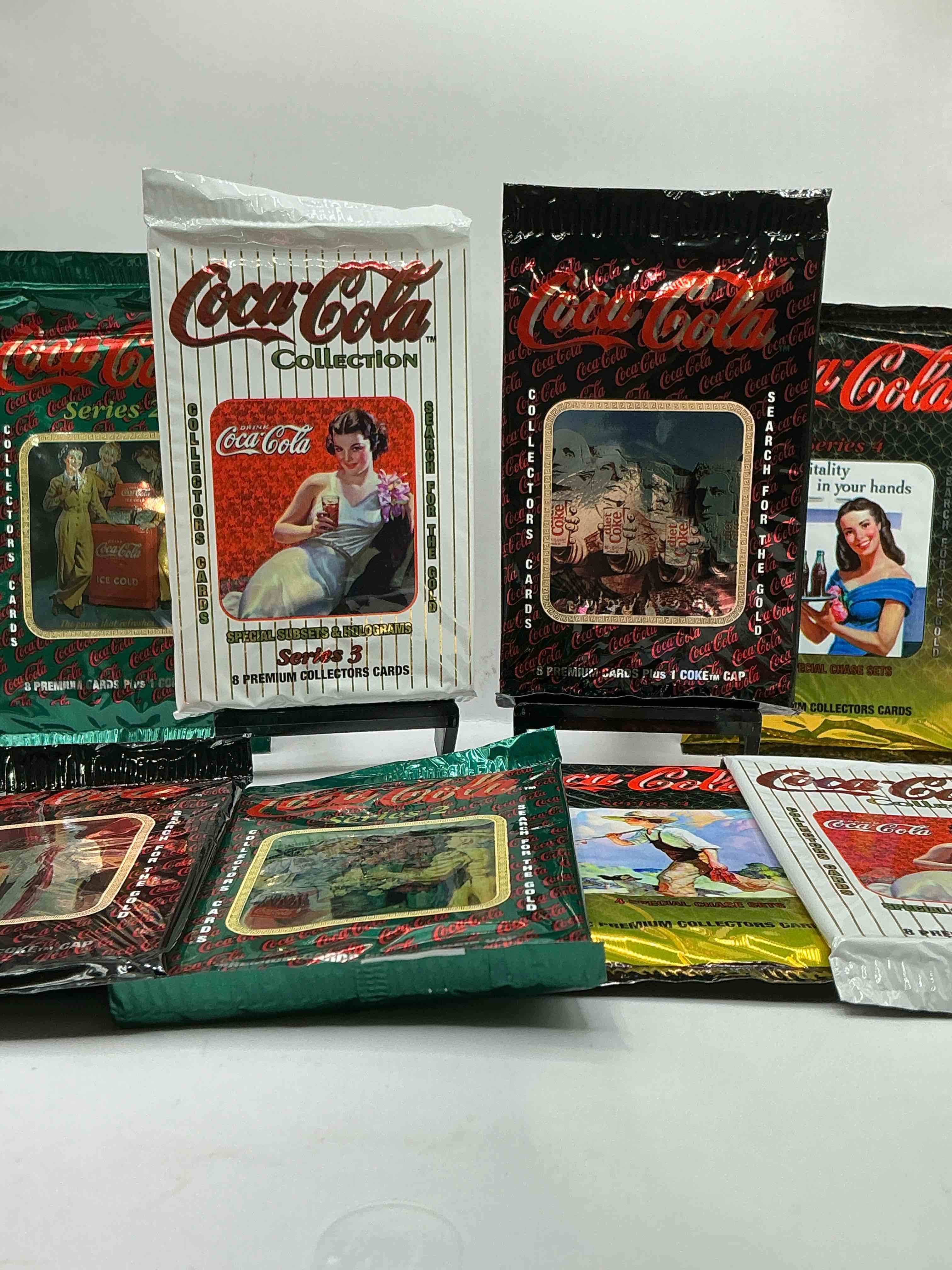 Coca Cola Collectors Rejoice! 1994 SERIES ONE, TWO, THREE & FOUR Coke Collector Card Sealed Wax Packs, Direct From Original Retail Case! These Cards Are Super Rare & A Must For Coke Collectors! Search For Randomly Inserted Gold Cards, These Packs Are Nearly Impossible To Find!