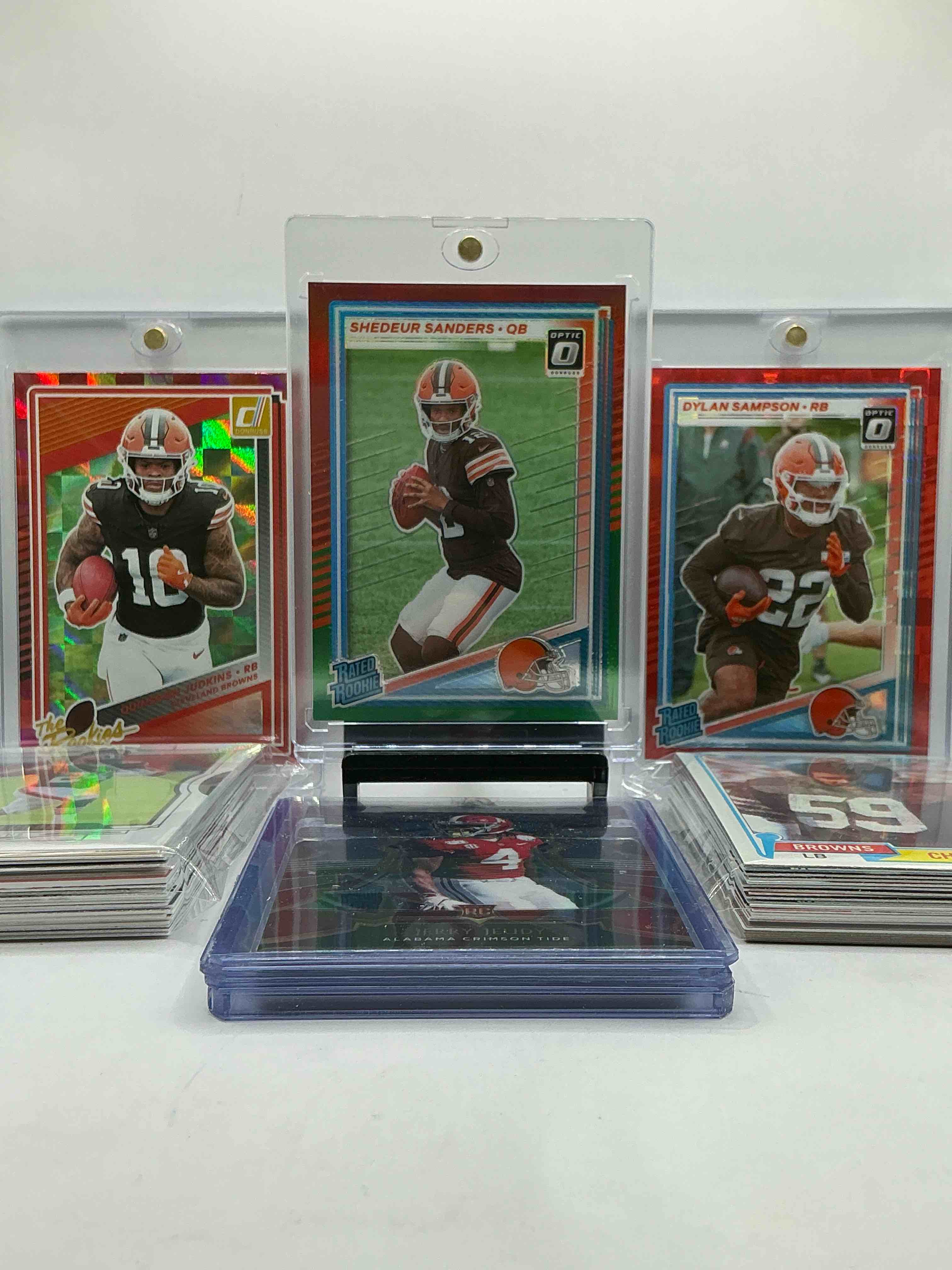 Shedeurrr Sanders! Beautiful Optic Green & Red Christmas Rookie Card, Quinshon Judkins Donruss Checkered Rookie & Dylan’s Sampson Optic Checkered Rookie Match! Insane Trio! Franchise QB Madness! This 50 Card Browns Lot Includes Rare Cards, Legends, Commons & More! Vintage & New Browns! 