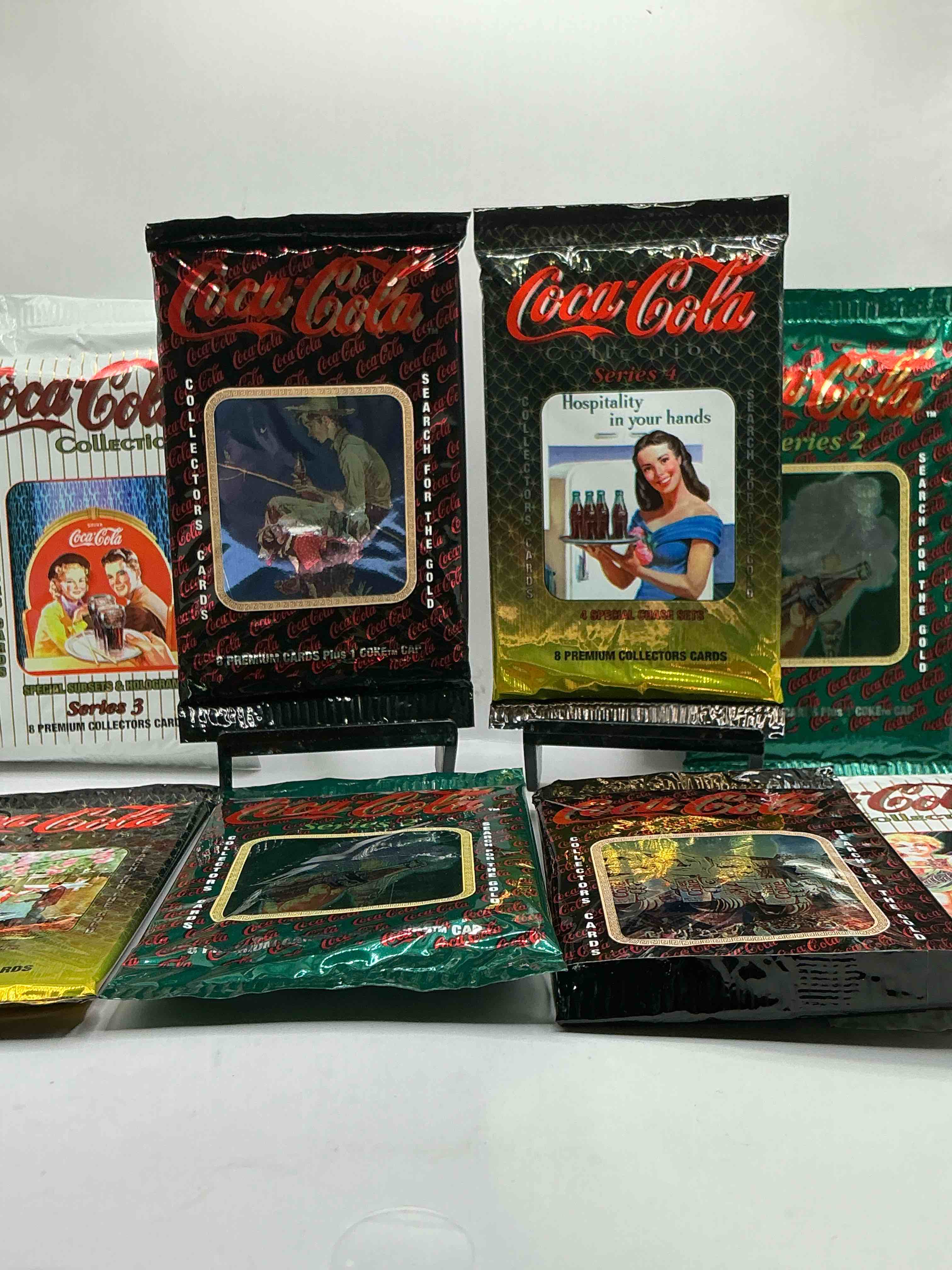Coca Cola Collectors Rejoice! 1994 SERIES ONE, TWO, THREE & FOUR Coke Collector Card Sealed Wax Packs, Direct From Original Retail Case! These Cards Are Super Rare & A Must For Coke Collectors! Search For Randomly Inserted Gold Cards, These Packs Are Nearly Impossible To Find!