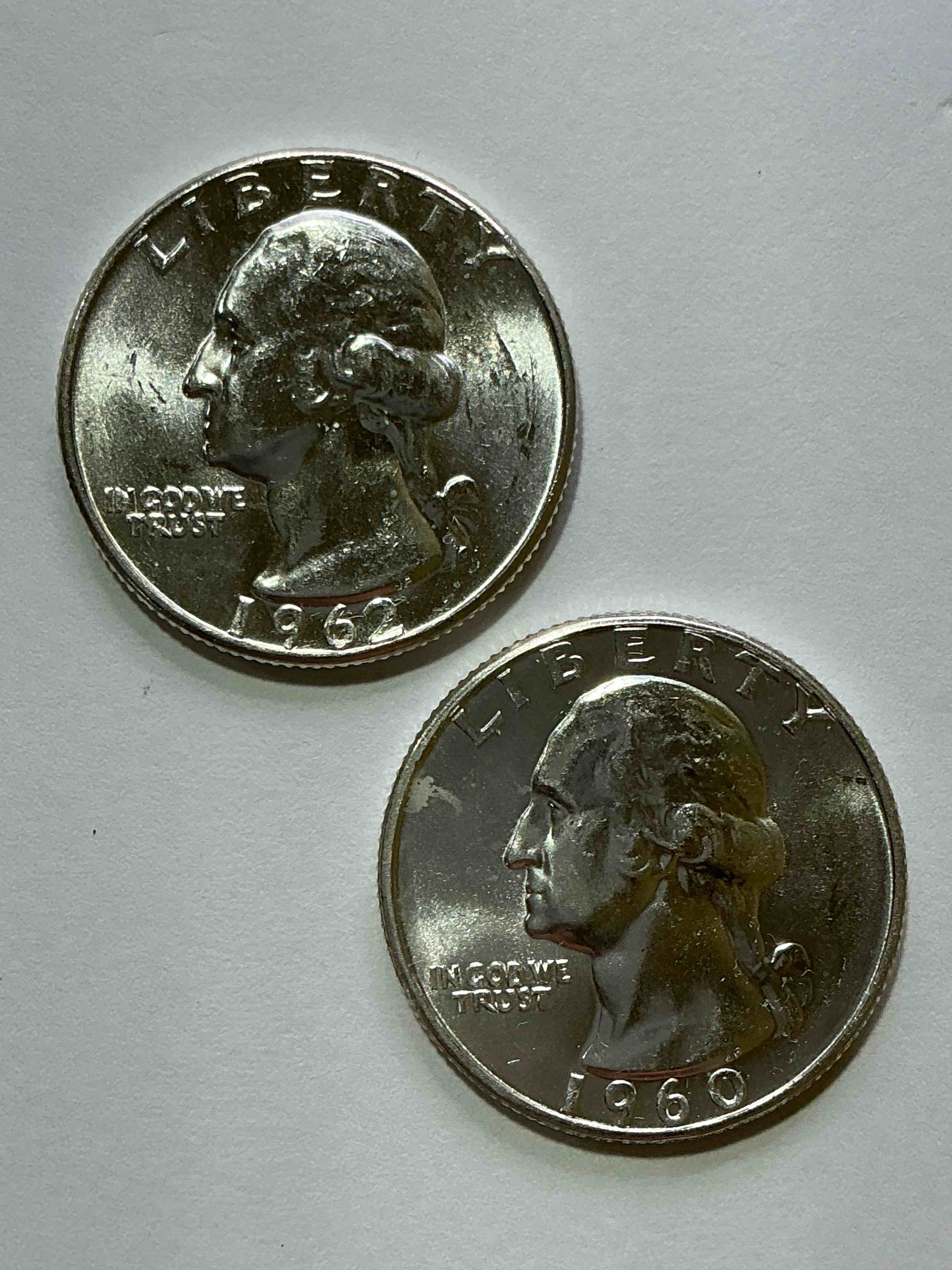 George Washington Brilliant Uncirculated Silver! Pre 1965 U.S. Quarter Dollar Coins Were Actually Silver, Here Are two Great Examples Of Awesome, Pristine George Washington Silver Quarters, Stunning & Uncirculated! Rare 1961 & 1959 Mints! Great For Investing In Precious Metals! These Coins Were Minted At 90% Silver and 10% Copper, Giving Them A Net Weight Of .18084 Ounces Of Pure Silver Per Coin! Very Hard To Find Uncirculated, Stunning! Invest In Fine U.S. Silver!