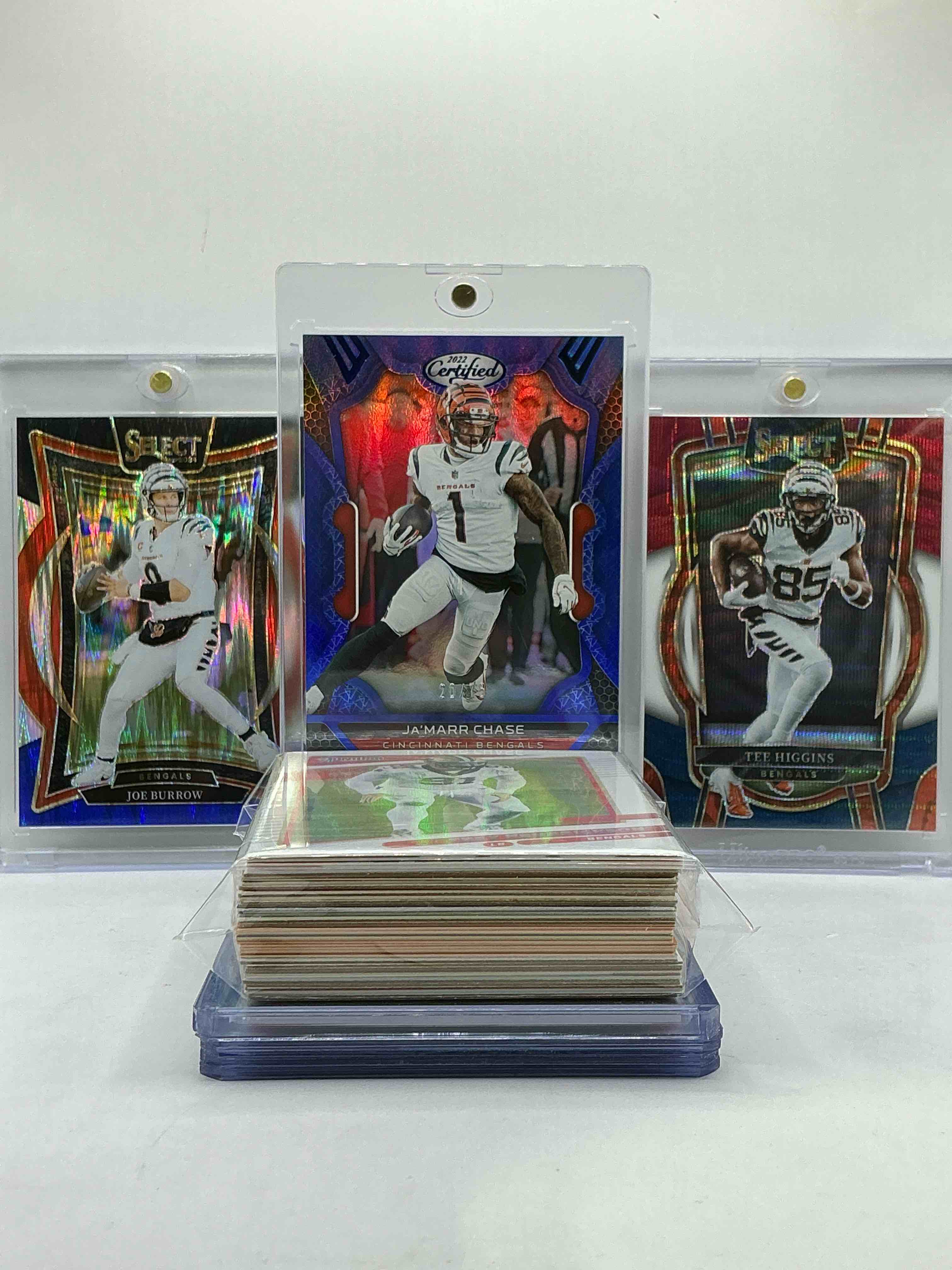 Bengals Big Three! Joe Burrow Rush Select, Tee Higgins Club Level /149, Ja’marr Chase Certified /75 Blue Rush Card & More! Legends & Rookies! Numbered Cards, Matches & More! 50 Card Lot, Includes Heroes, Vintage & New Cards & More!