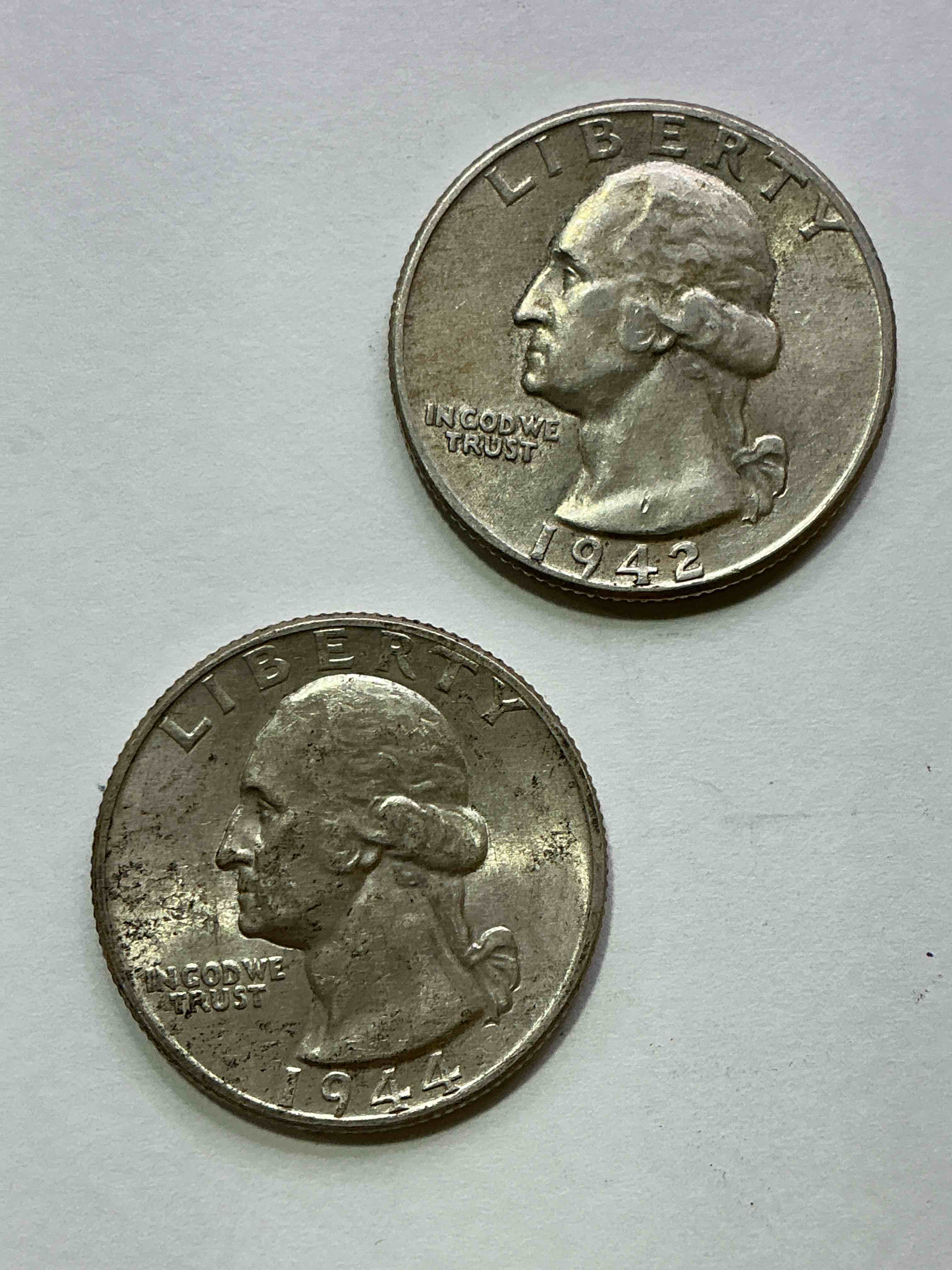 George Washington World War II Era Brilliant Silver! Pre 1965 U.S. Quarter Dollar Coins Were Actually Silver, Here Are two Great Examples Of Awesome, Pristine George Washington Silver Quarters, Stunning & Uncirculated! Rare Mints! Great For Investing In Precious Metals! These Coins Were Minted At 90% Silver and 10% Copper, Giving Them A Net Weight Of .18084 Ounces Of Pure Silver Per Coin! Very Hard To Find Uncirculated, Stunning! Invest In Fine U.S. Silver!