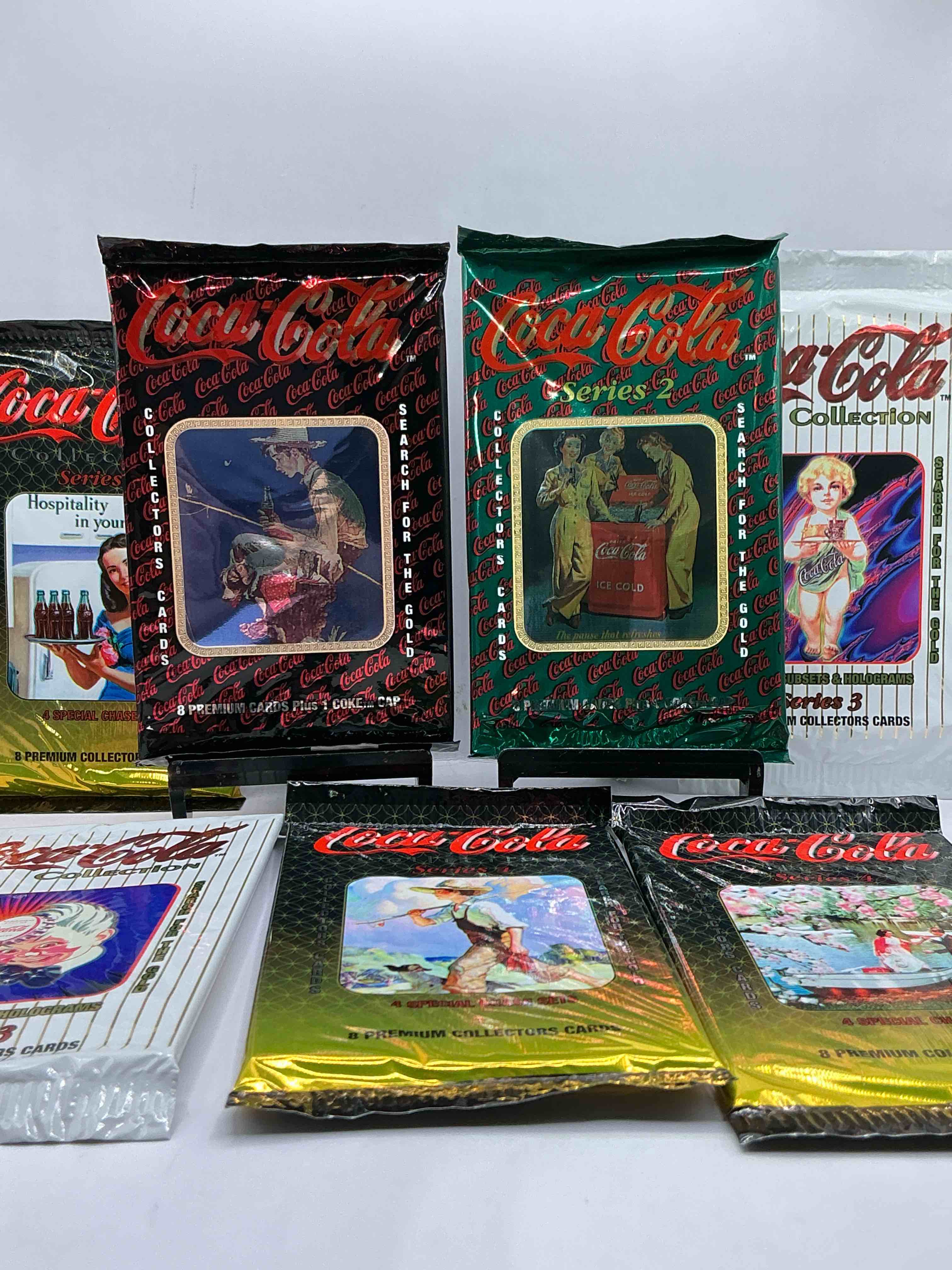 Coca Cola Collectors Rejoice! 1994 SERIES ONE, TWO, THREE & FOUR Coke Collector Card Sealed Wax Packs, Direct From Original Retail Case! These Cards Are Super Rare & A Must For Coke Collectors! Search For Randomly Inserted Gold Cards, These Packs Are Nearly Impossible To Find!