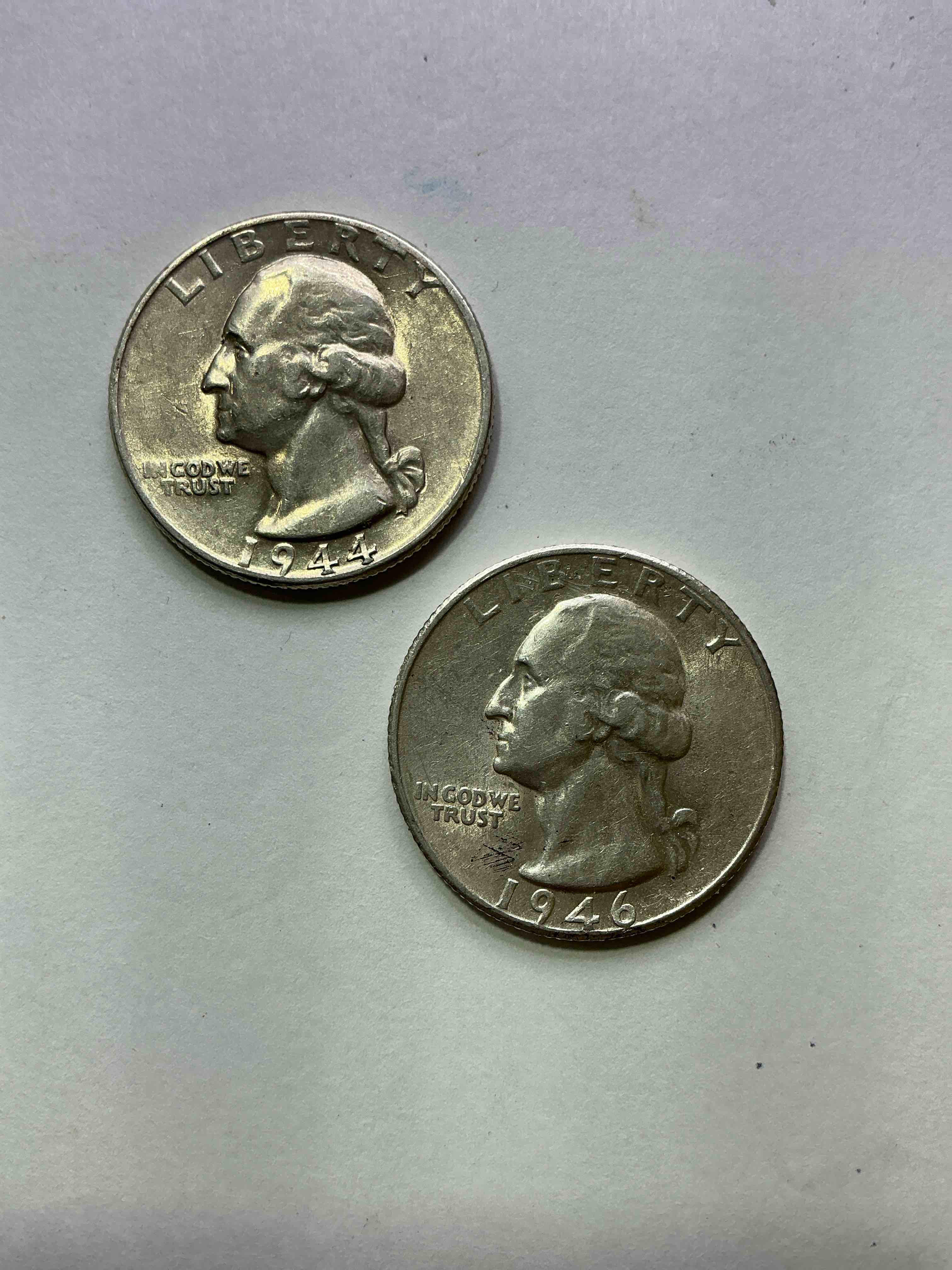 George Washington World War II Era Brilliant Silver! Pre 1965 U.S. Quarter Dollar Coins Were Actually Silver, Here Are two Great Examples Of Awesome, Pristine George Washington Silver Quarters, Stunning & Uncirculated! Rare Mints! Great For Investing In Precious Metals! These Coins Were Minted At 90% Silver and 10% Copper, Giving Them A Net Weight Of .18084 Ounces Of Pure Silver Per Coin! Very Hard To Find Uncirculated, Stunning! Invest In Fine U.S. Silver!
