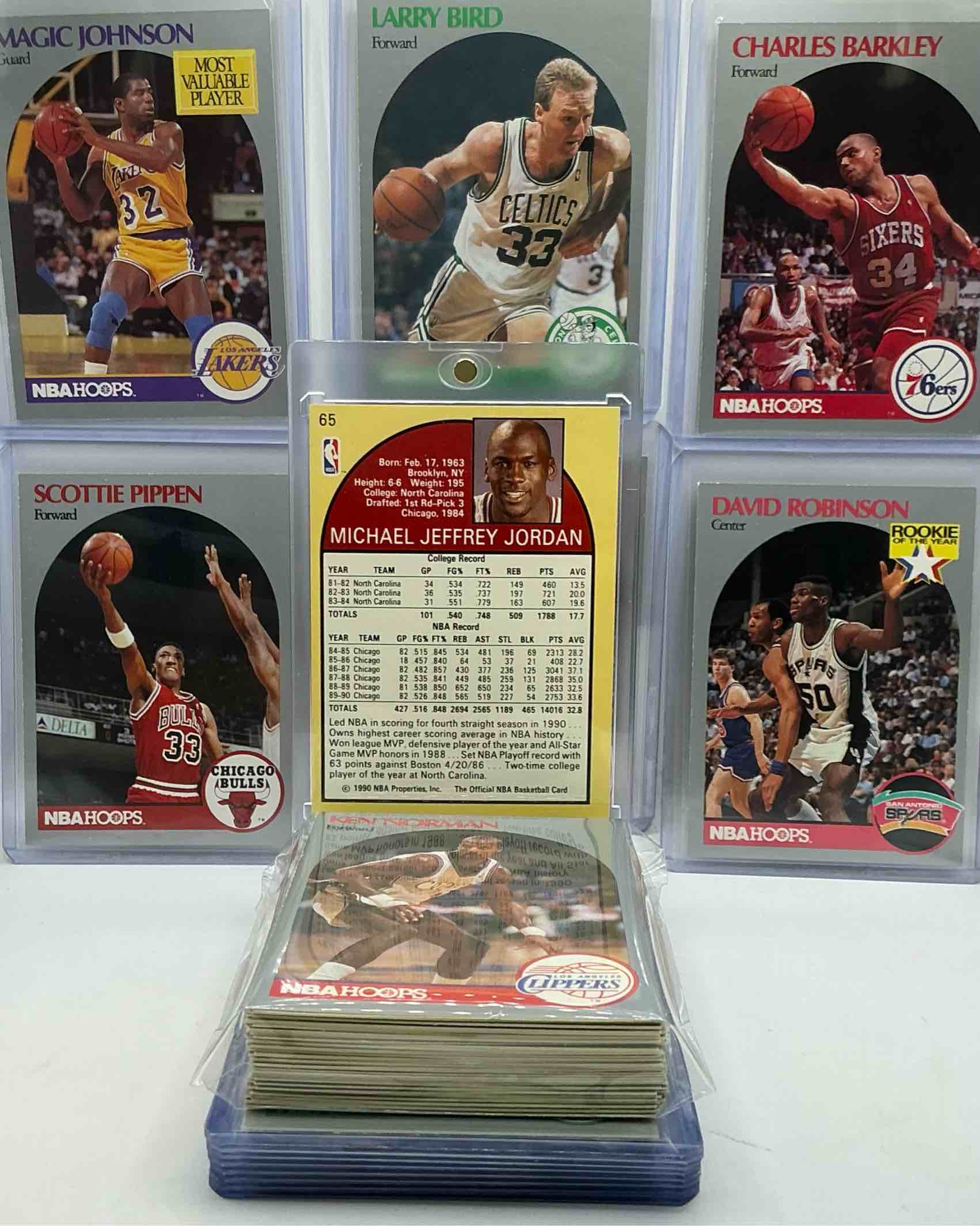 Condition photo showing New/Like New for Michael Jordan! 1990 NBA Hoops 50 Card Basketball! The BEST Cards From The Year! Michael Jordan, Magic Johnson, Larry Bird, Scottie Pippen, David Robinson, Charles Barkley, Karl Malone, Clyde Drexler & More! All Stars, Hall Of Famers, Champions & More, The Perfect Mix Of Miscellaneous '90 NBA Variety!