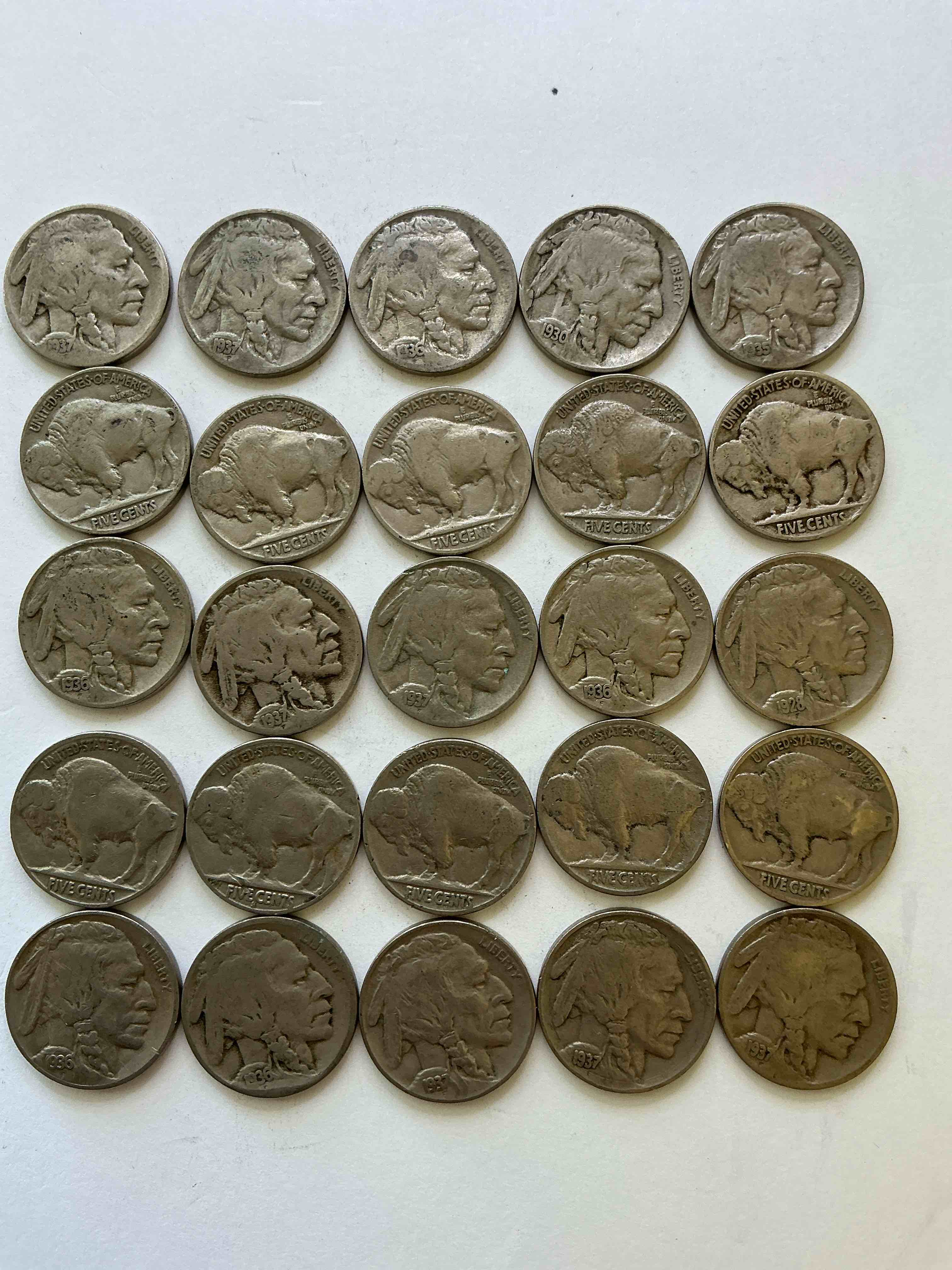 Condition photo showing Good Condition for Historic Buffalo Nickels! Indian Head Buffalo Nickels Were Minted From 1913 To 1938 & Have Become A Favorite For Coin Collectors Around The World! Own Pieces Of American History With These Cool Indian Head Buffalo Nickels In Circulated Condition, Most With Visible Dates Which Is Very Rare For Buffalo Nickels!