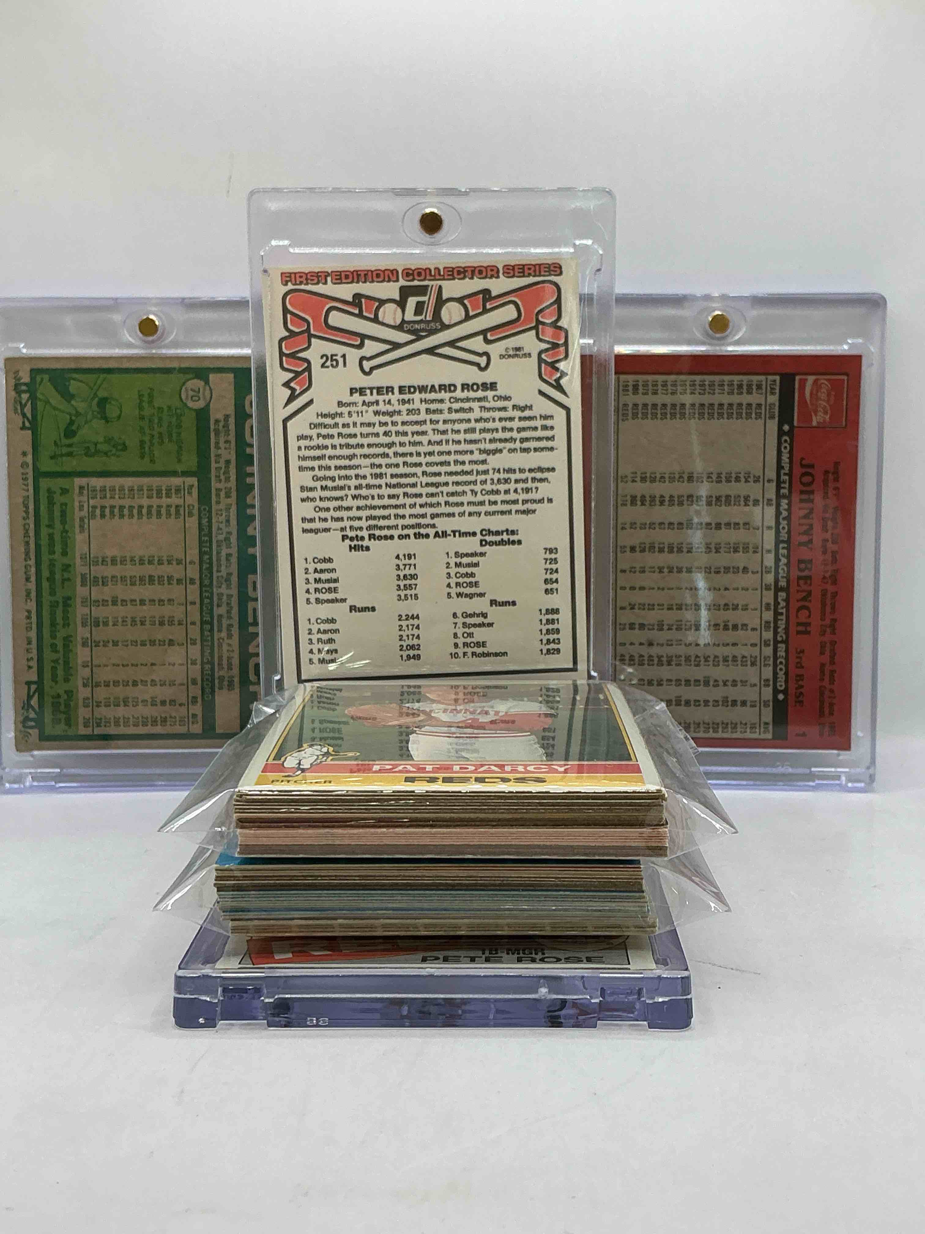 Condition photo showing New/Like New for Vintage Reds Insanity! Pete Rose 1981 Donruss, Johnny Bench 1985 Topps, Johnny Bench 1977 Topps & More! Crazy 50 Card Reds Vintage Lot! Includes Commons, Legends, Heroes & More!