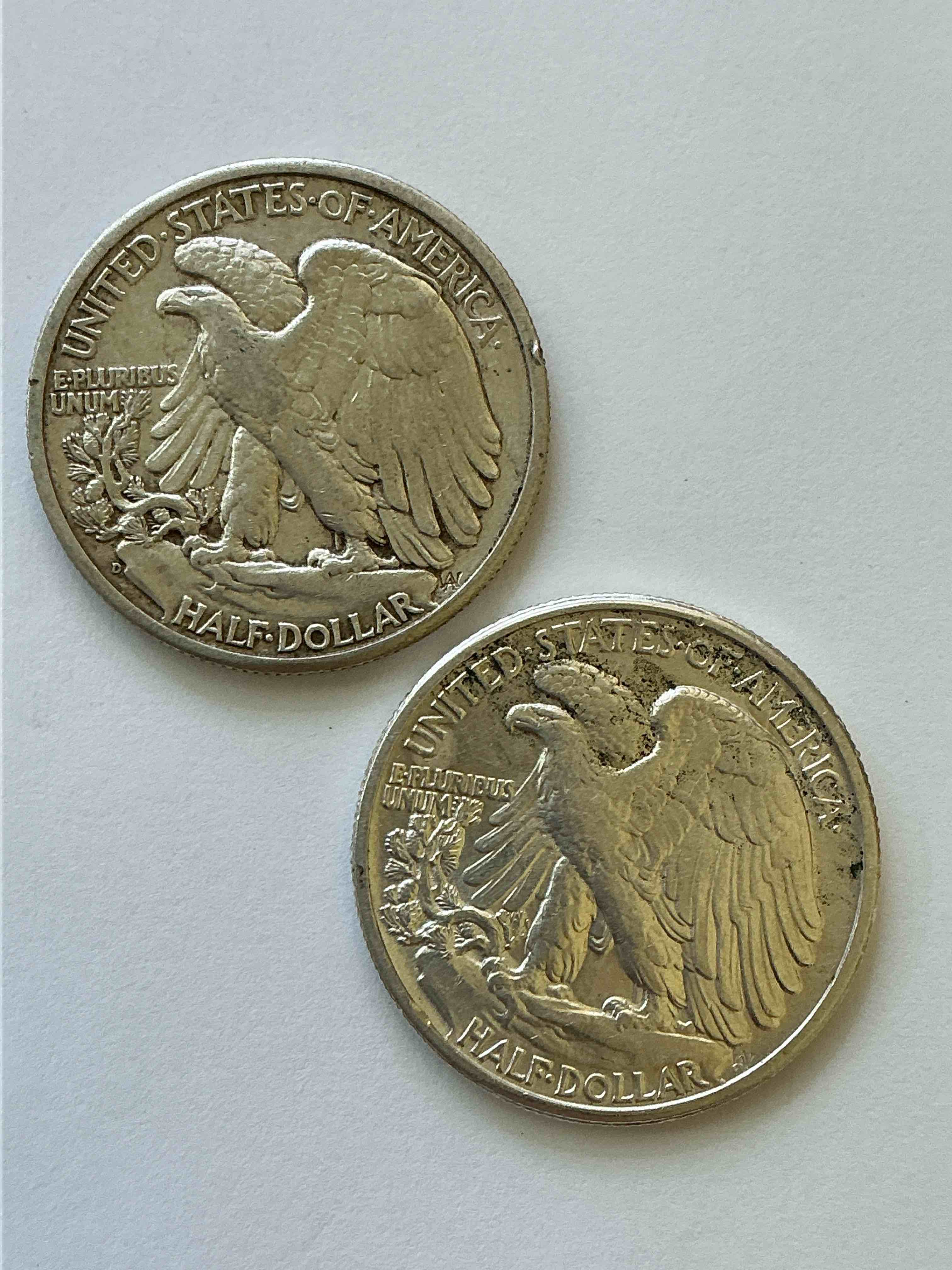 Condition photo showing Good Condition for World War II Era Silver! Antique U.S. Silver! Liberty Walking Silver Fine U.S. Silver Half Dollar! This Striking Half Dollars Were Minted From 1916-1947 & Have Become Some Of The Most Collectible Coins In History! Here Is A Striking Circulated Example From 1944 & 1941! Appears Circulated! Liberty Walking Coins Are 90% Fine U.S. Silver, A Great Investment In Precious Metal!