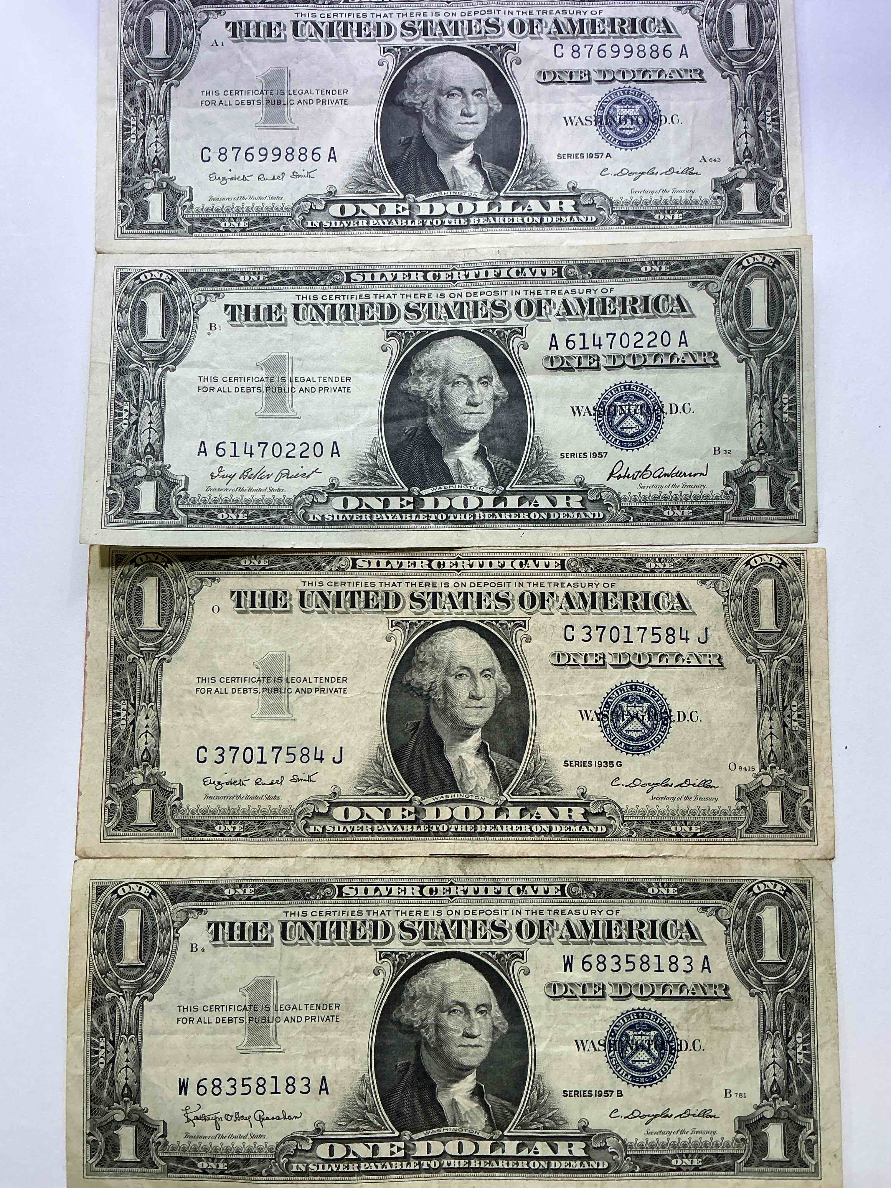 1957 Series Silver Certificates! Did You Know That Prior To 1964 One Dollar U.S. Paper Money Was Actually Redeemable For Silver Dollars?! Wow How Times Have Changed! Silver Certificates Were Produced From 1878 To 1964 & Are Still Considered Legal Tender At Face Value. Here Are Gorgeous, Circulated 1957 U.S. One Dollar Silver Certificate, With Highly Collectible "Blue Seal!* Own An Awesome Piece Of History!